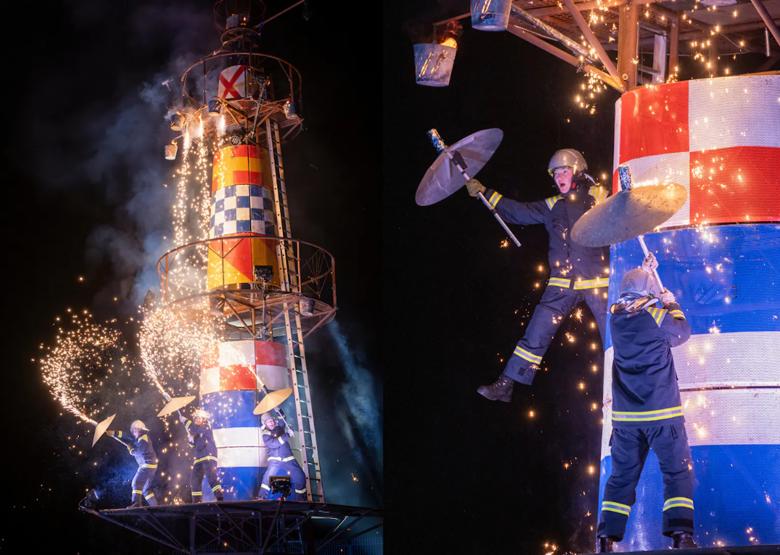 A large lighthouse structure with three lighthouse keeper performers on the structure with pyrotechnics