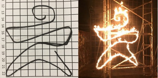 An illustration of a single line drawing depicting a Tai Chi Master side-by-side with a fire drawing in the same design