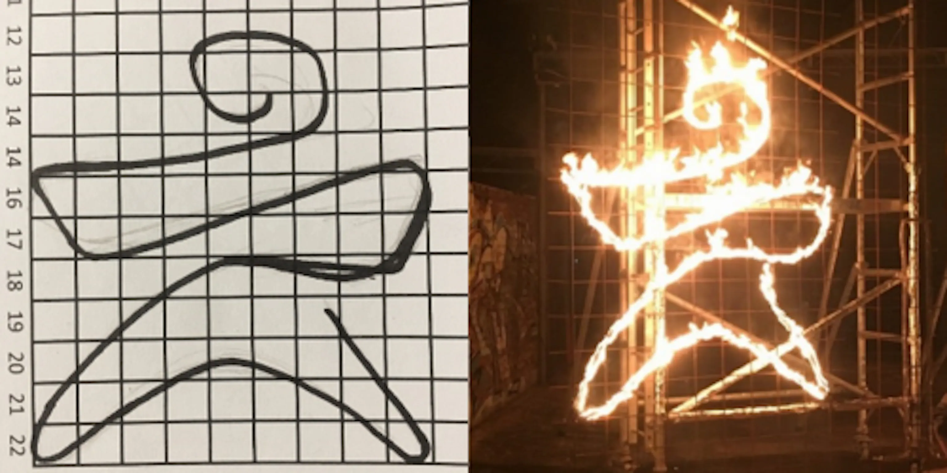 An illustration of a single line drawing depicting a Tai Chi Master side-by-side with a fire drawing in the same design