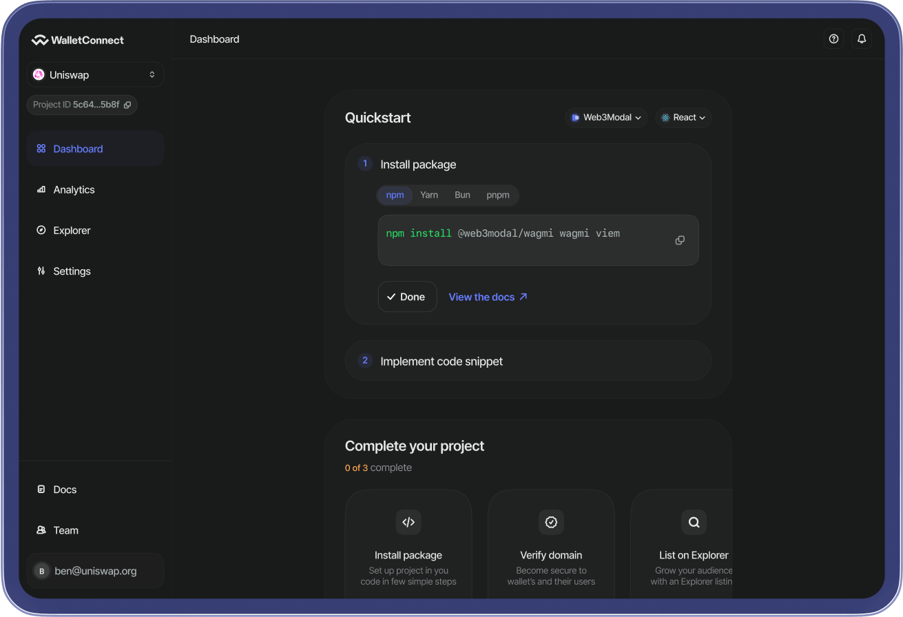 The WalletConnect Cloud dashboard