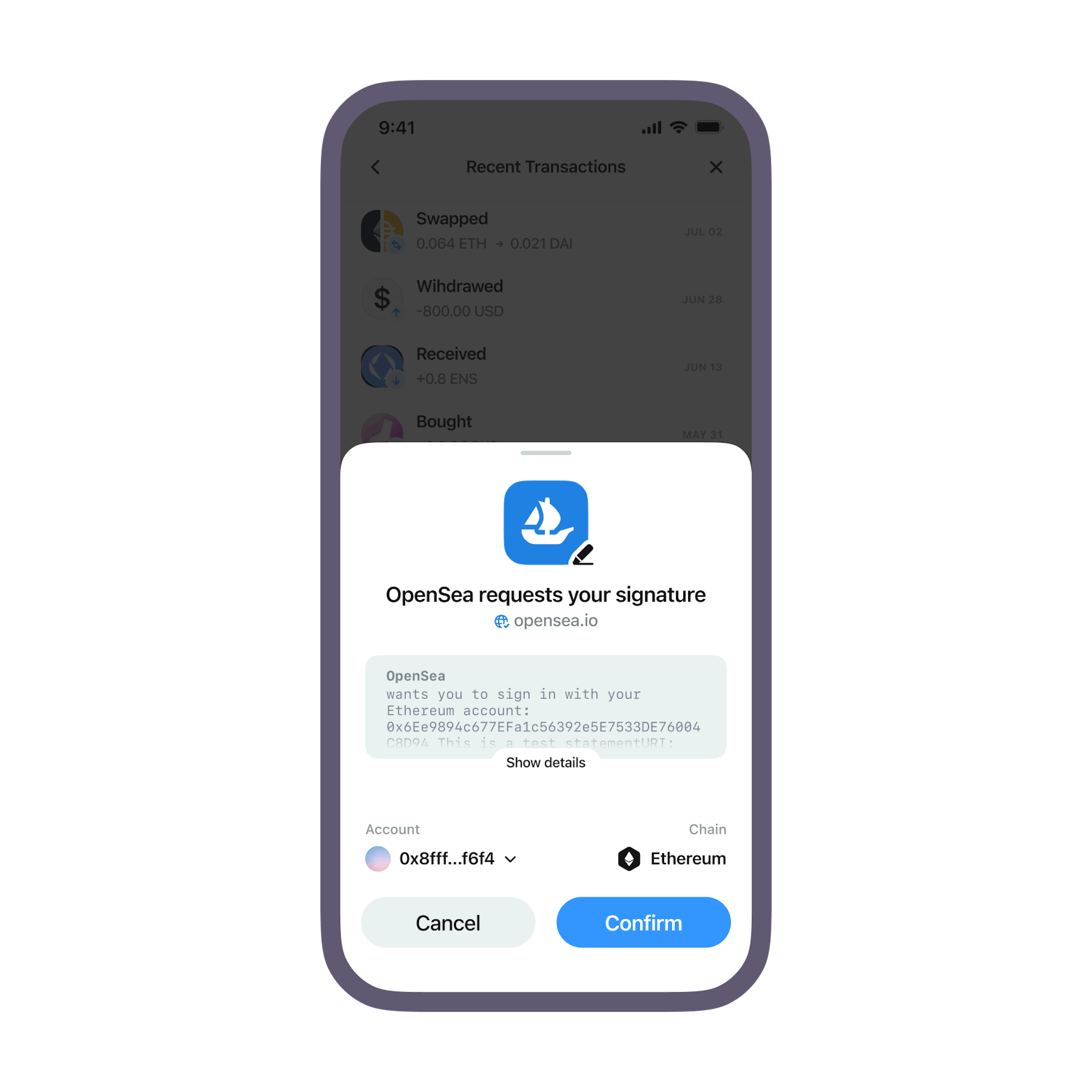 A signature request interface when connecting to a dapp 