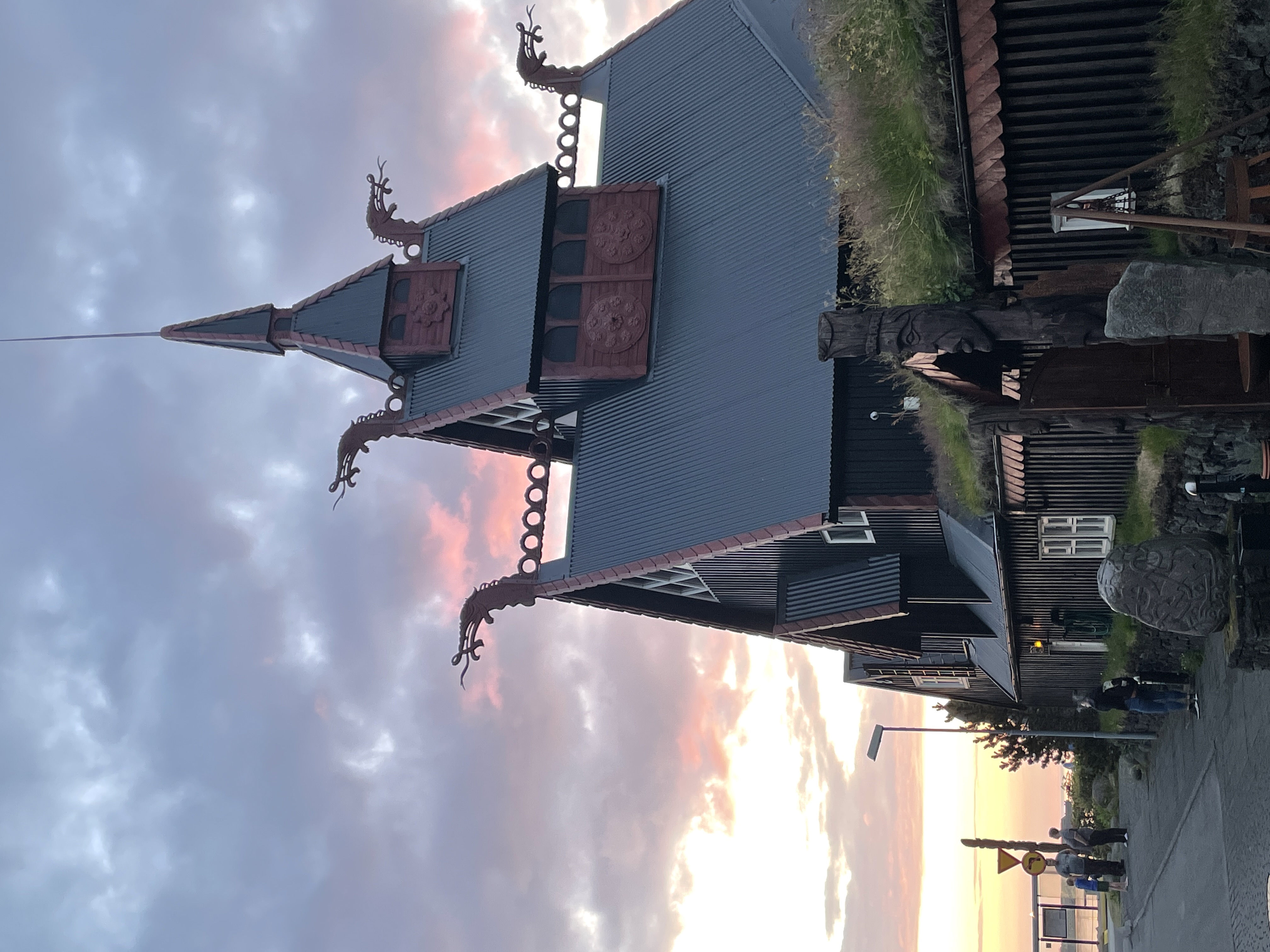 Spired metal roof of hotel building