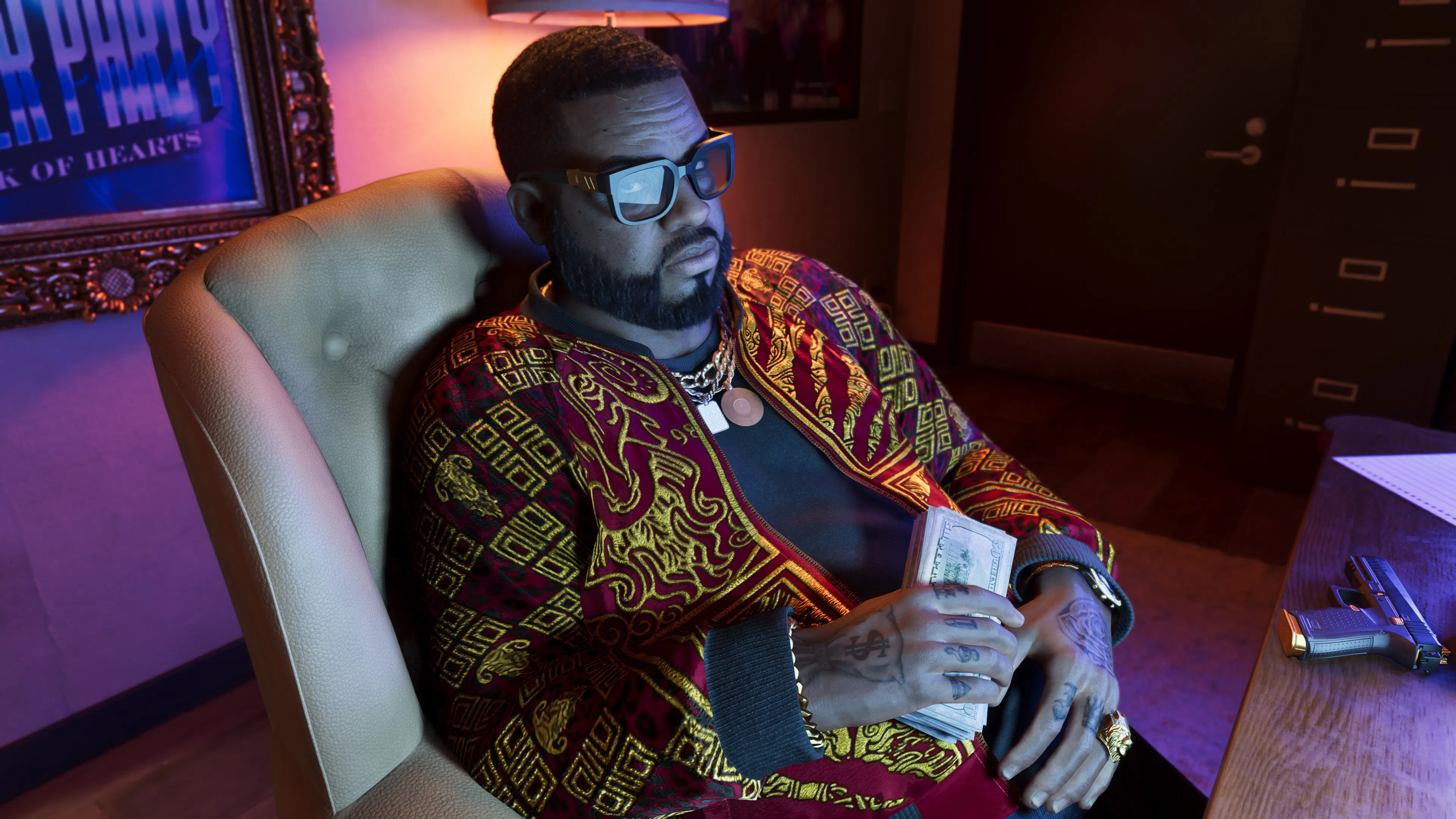Boobie Ike in an armchair in a neon-lit office, in a gold-embroidered jacket, holding a stack of cash.