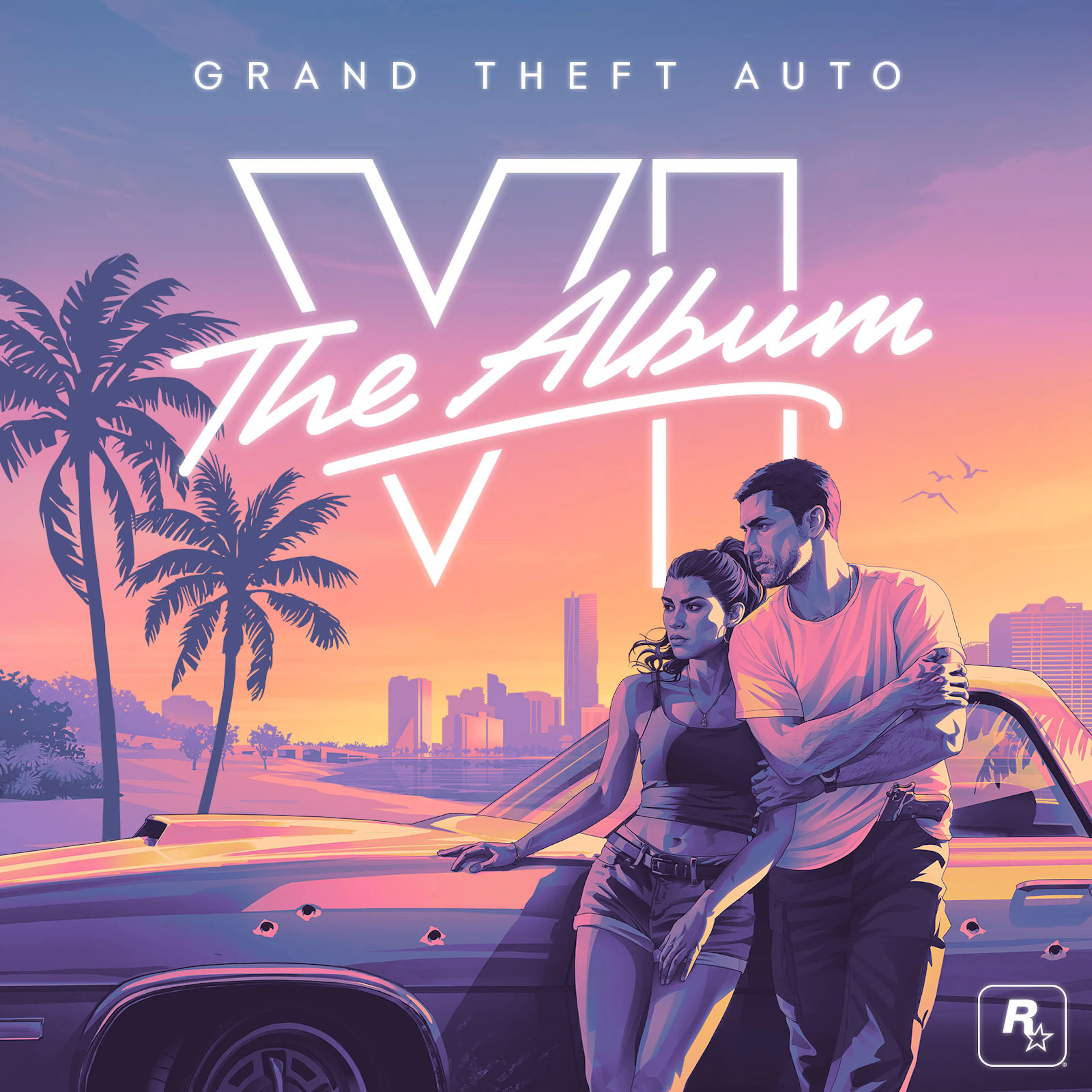 Pochette de Grand Theft Auto VI: The Album : Lucia et Jason devant une voiture, sur fond de coucher de soleil à Vice City.