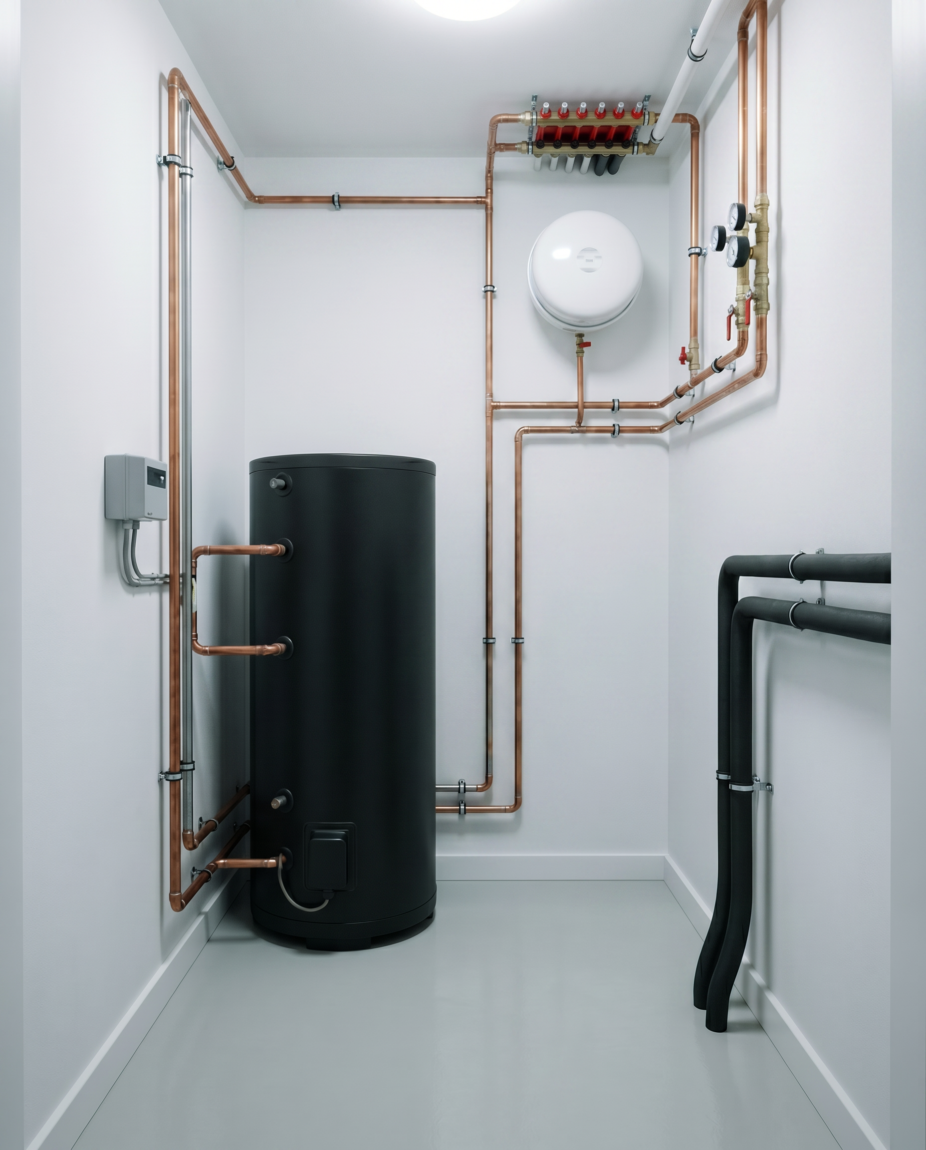 Cobalt RVS zonnestroomboiler met Solyx Nymo aansturing in technische ruimte