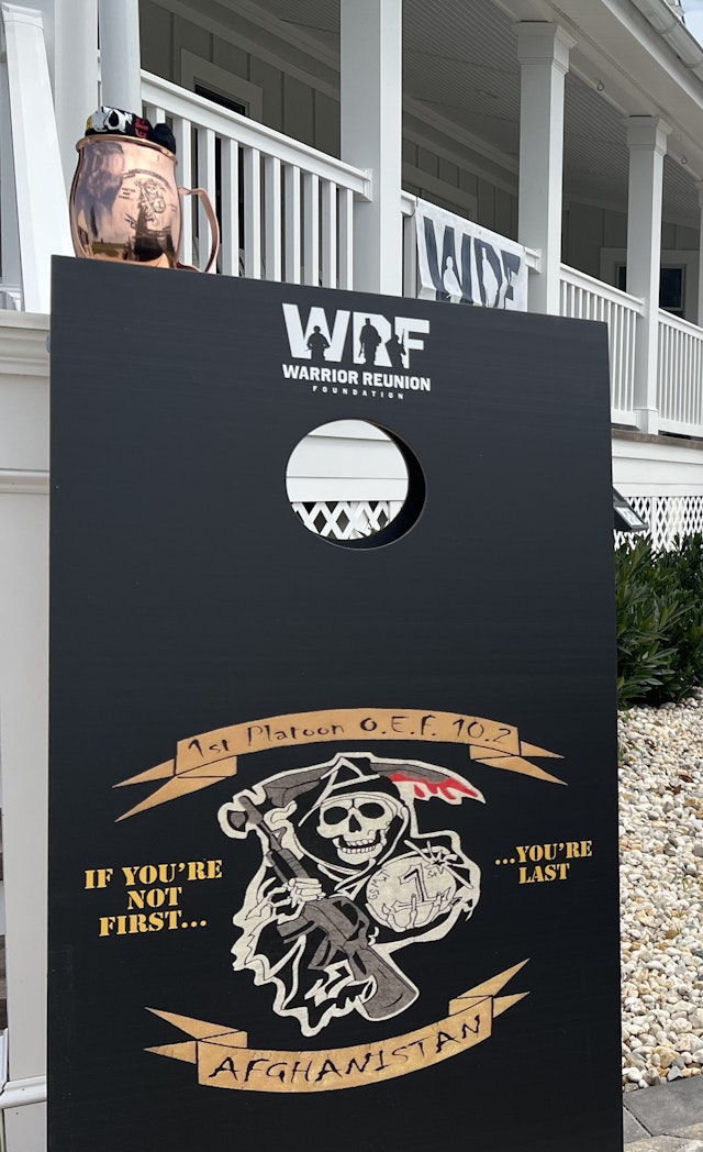 In front of the expansive front porch of the main house at Patriot Point