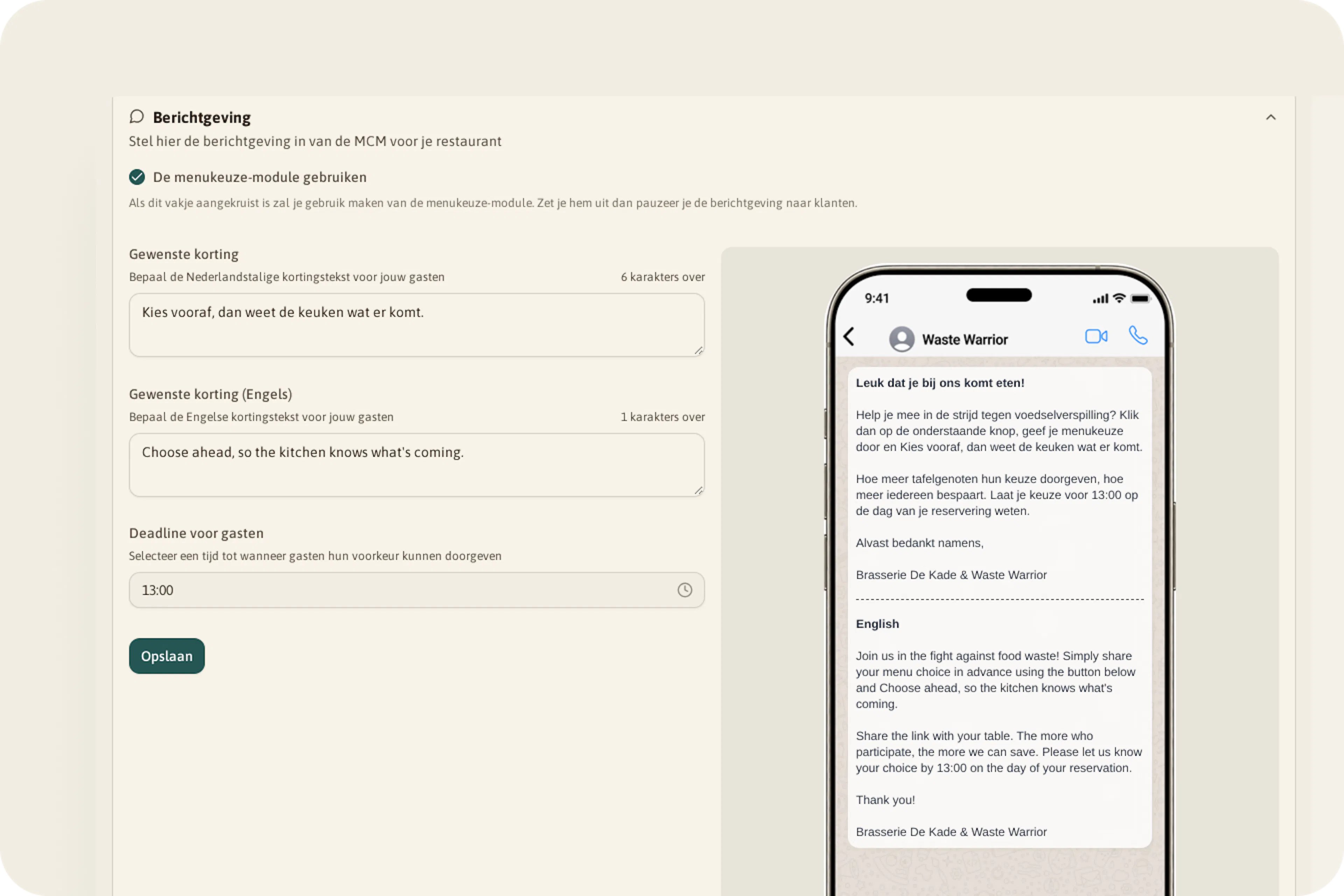Berichtgeving met de schakelaar voor de menukeuze-module, de tekst bij Gewenste korting, de deadline 13:00 en een telefoon met het voorbeeldbericht.