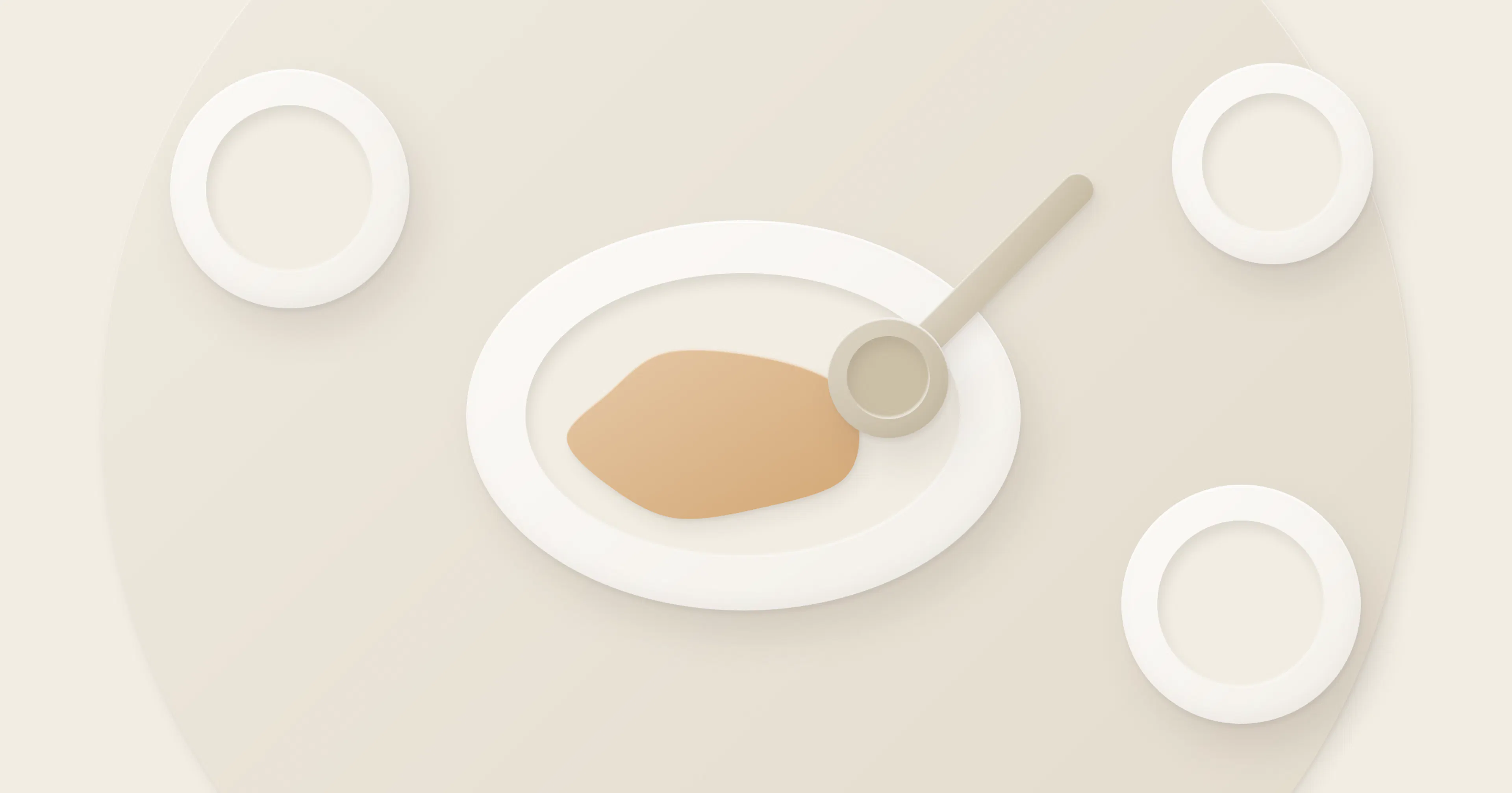 Illustration of a round dining table with a serving dish, a ladle and plates around it.