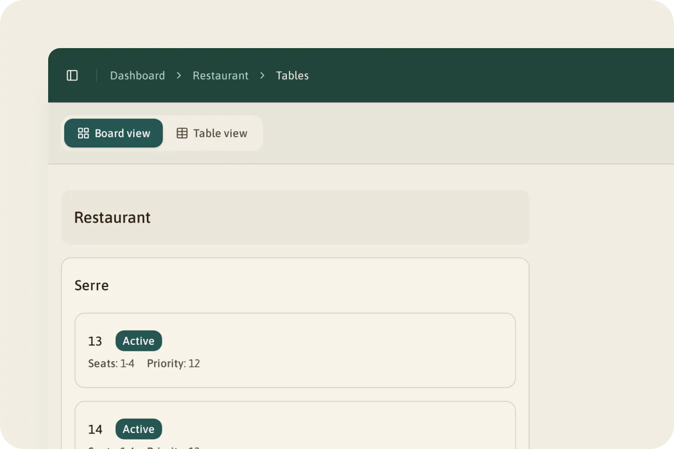 The Tables screen in board view: the room Serre with tables 13 to 17, each with seats and a priority.