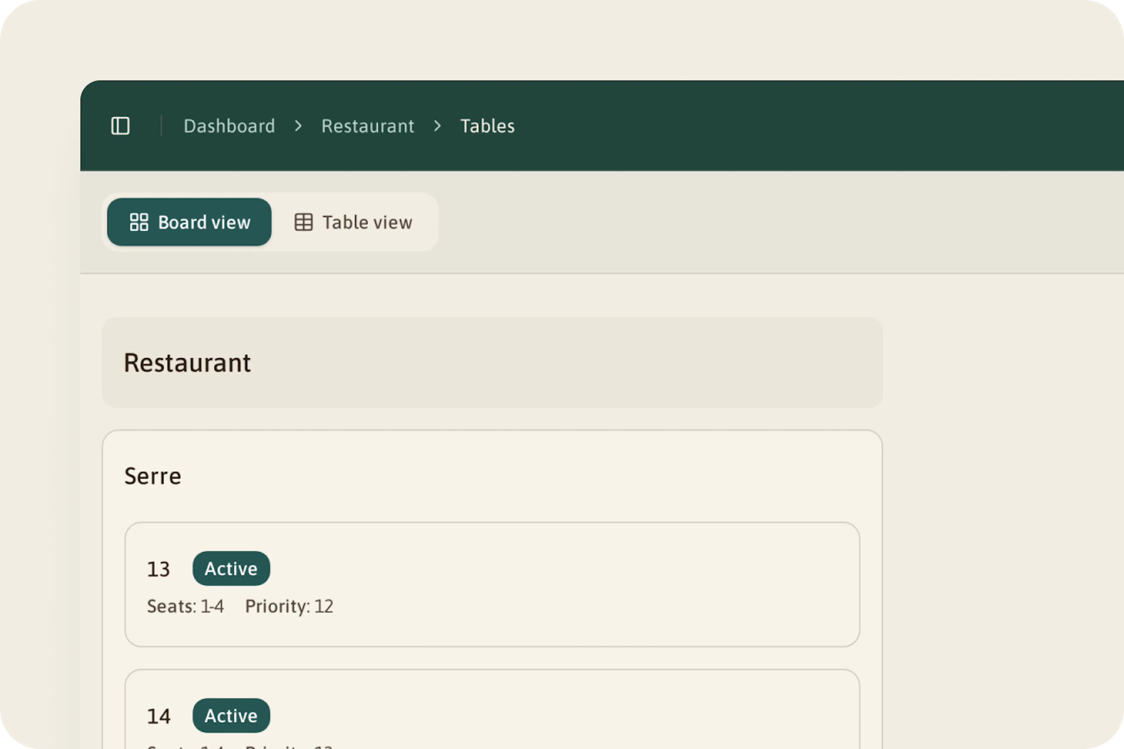 The Tables screen in board view: the room Serre with tables 13 to 17, each with seats and a priority.