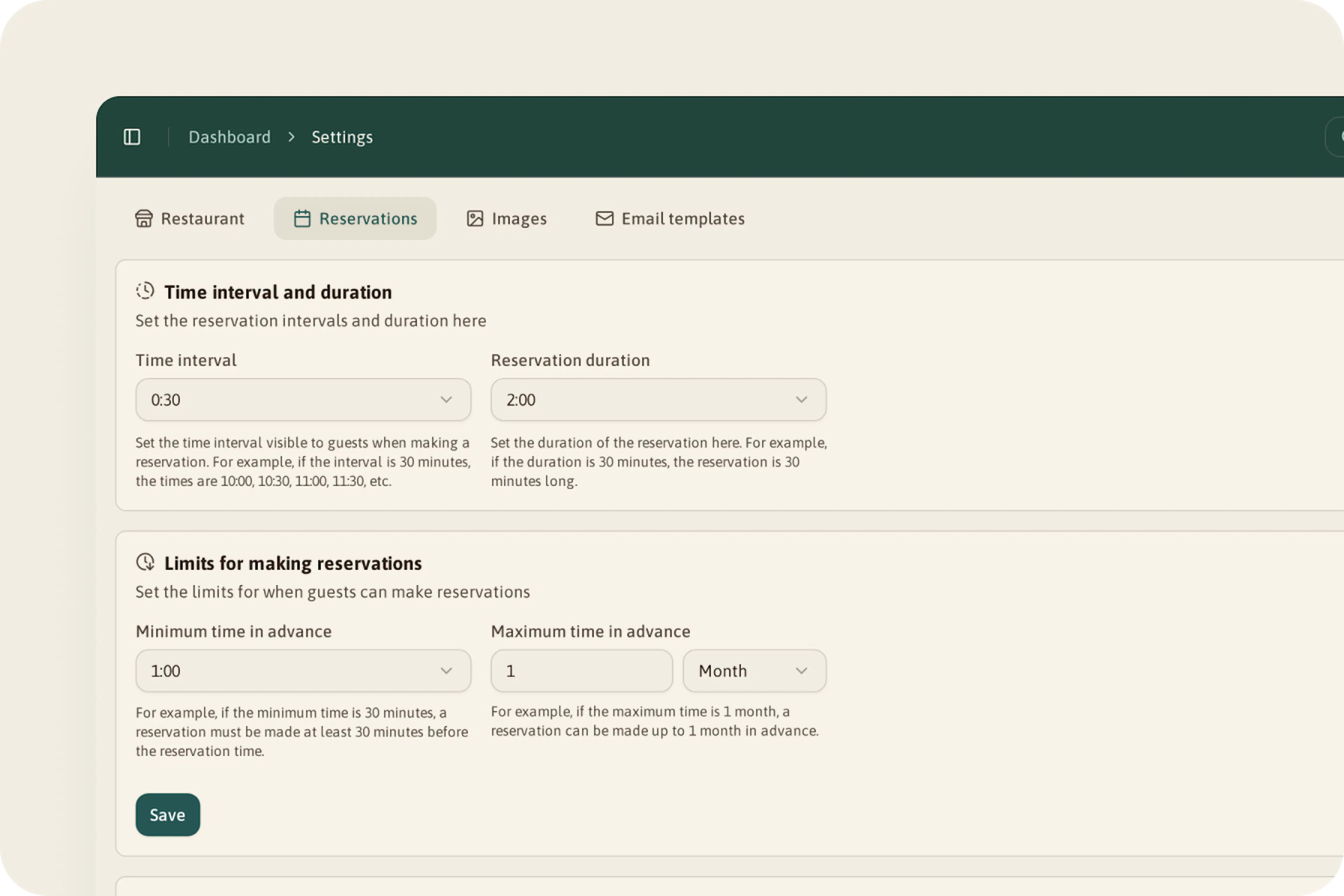 Reservation settings: time interval 0:30, duration 2:00, at least 1 hour ahead and at most 1 month ahead.