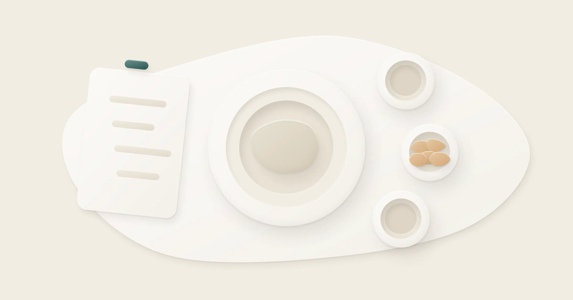 A plate with a dish, a menu card and three small bowls, one of them with nuts.