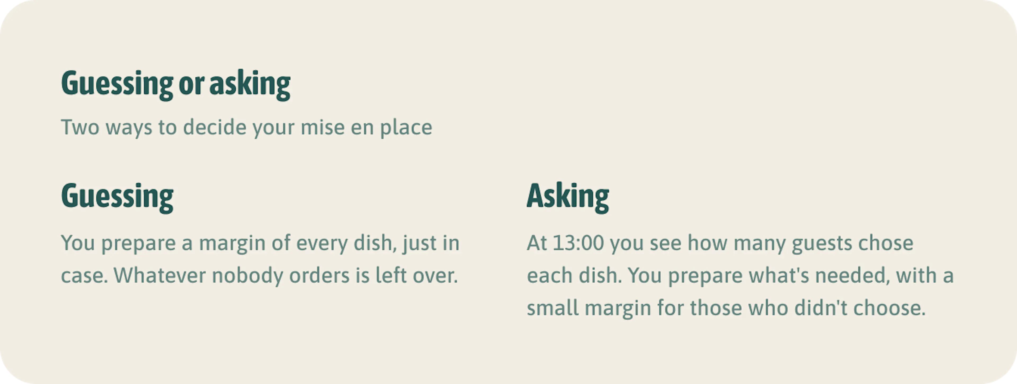 Guessing or asking. When you guess, you cook extra to be safe. When you ask, you don't have to guess.