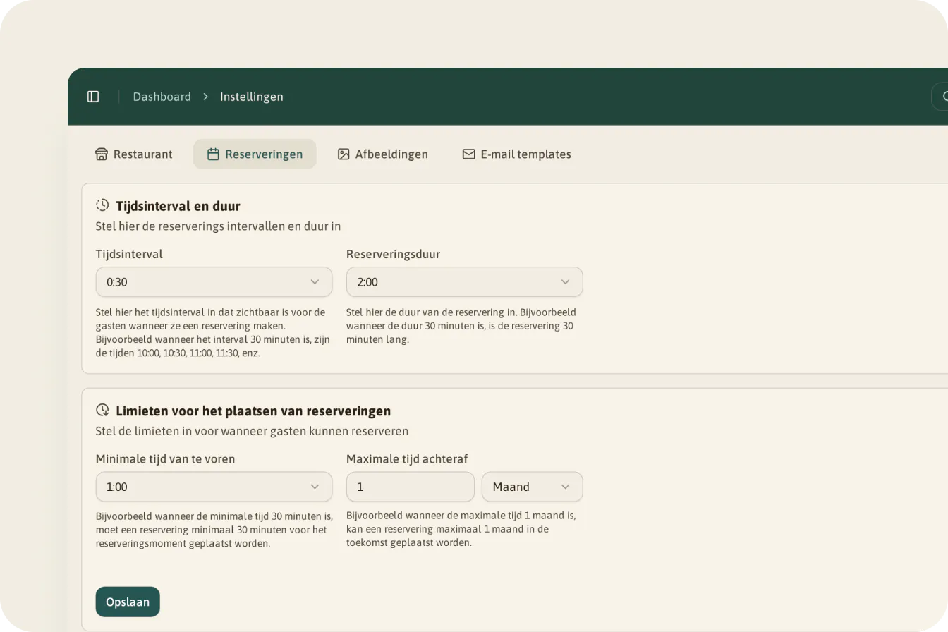 Instellingen voor reserveringen: tijdsinterval 0:30, reserveringsduur 2:00, minimaal 1 uur van tevoren en maximaal 1 maand vooruit.