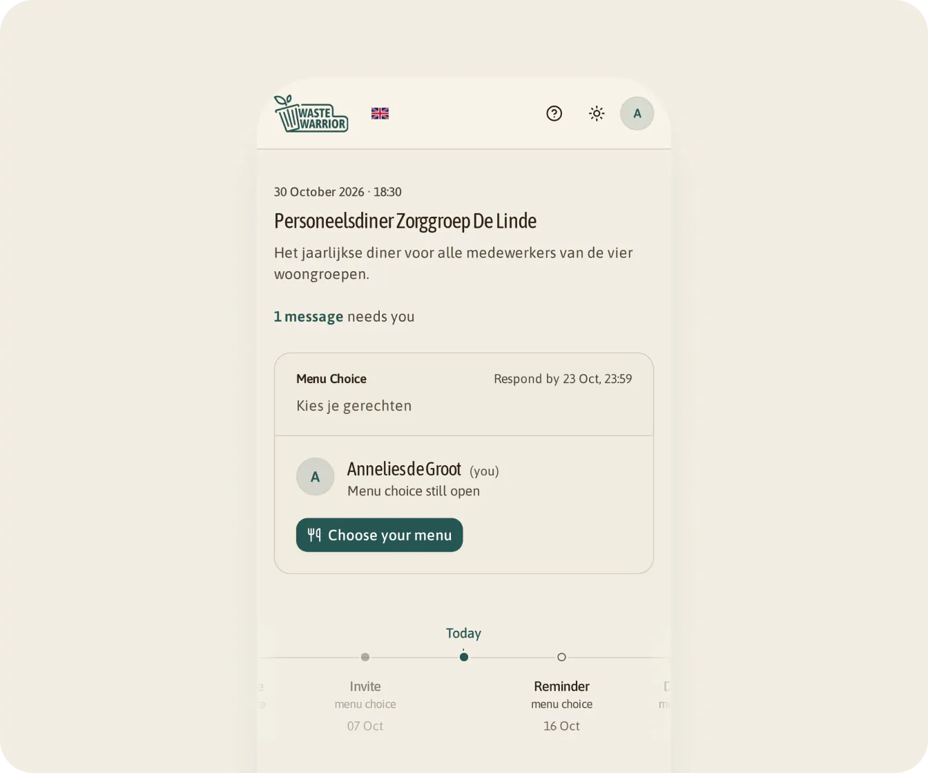 A guest's personal page on a phone, with the menu choice still open and the button to choose a menu.