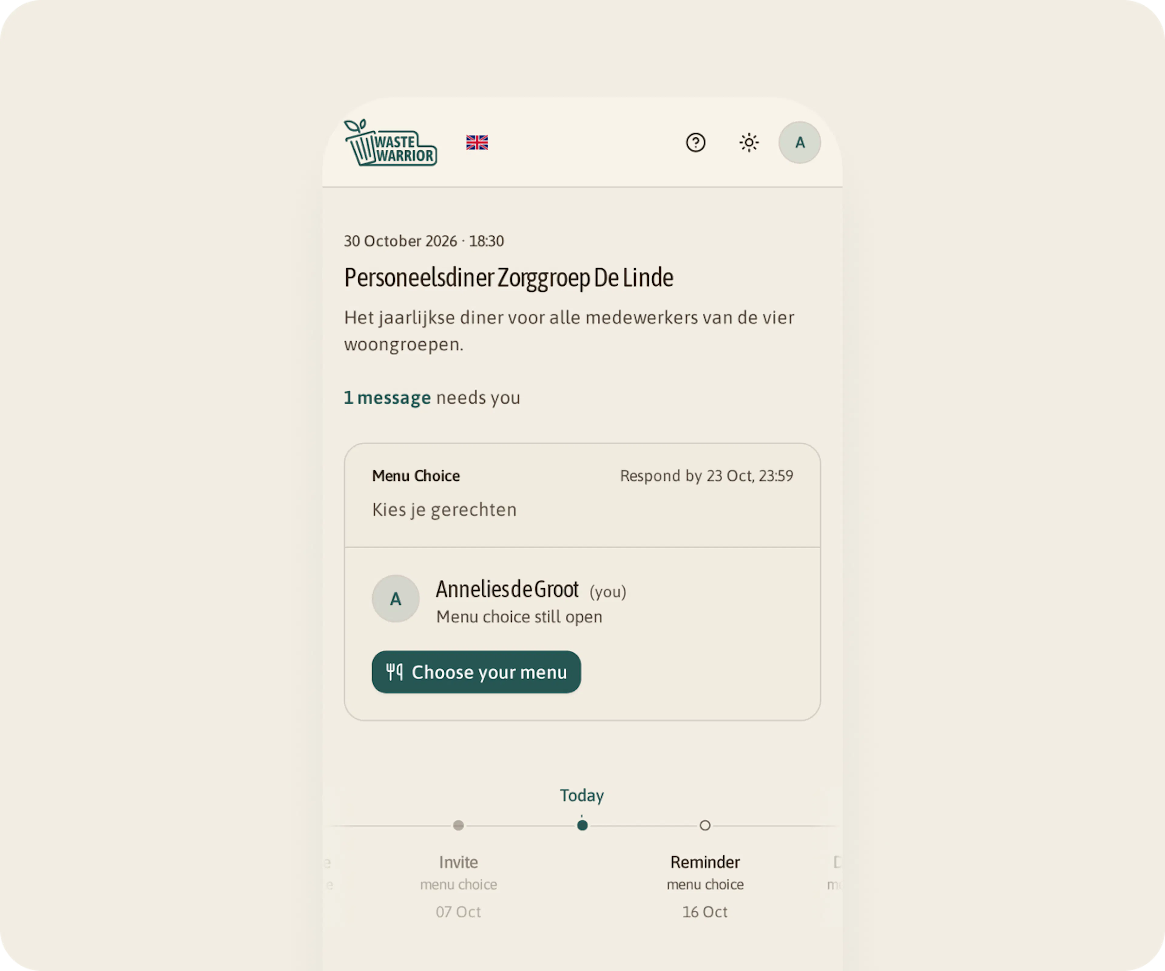 A guest's personal page on a phone, with the menu choice still open and the button to choose a menu.