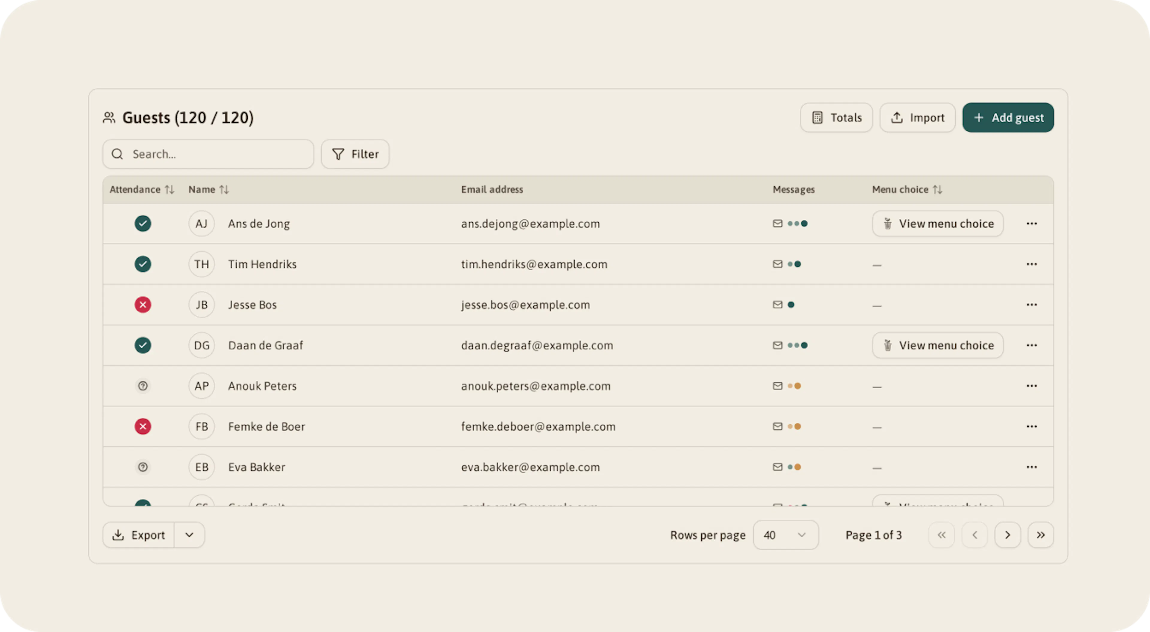 The Guests tab with 120 guests, the Totals, Import and Add guest buttons, and attendance and menu choice per guest.