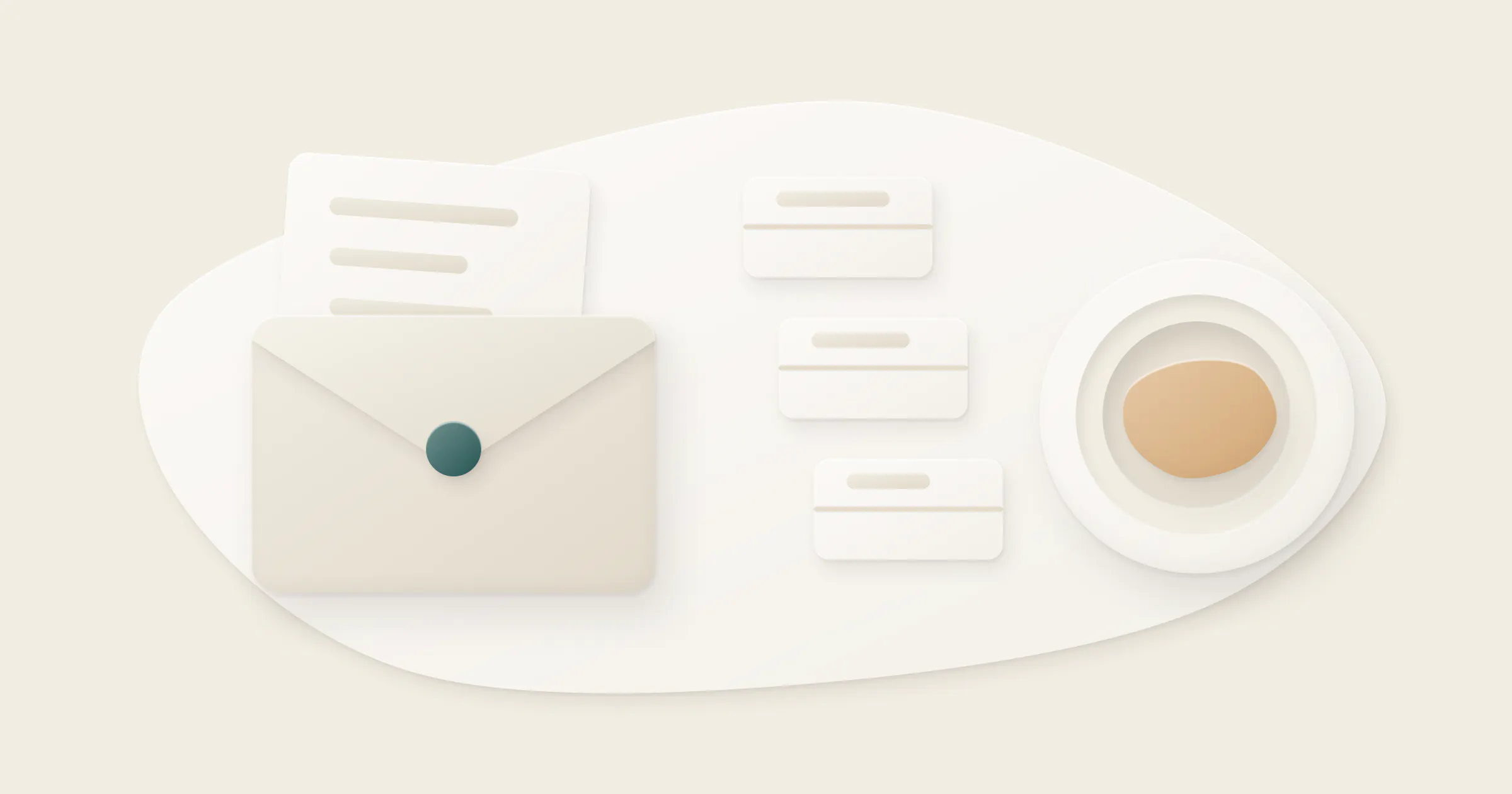 An envelope with an invitation, three place cards and a plate with a portion.