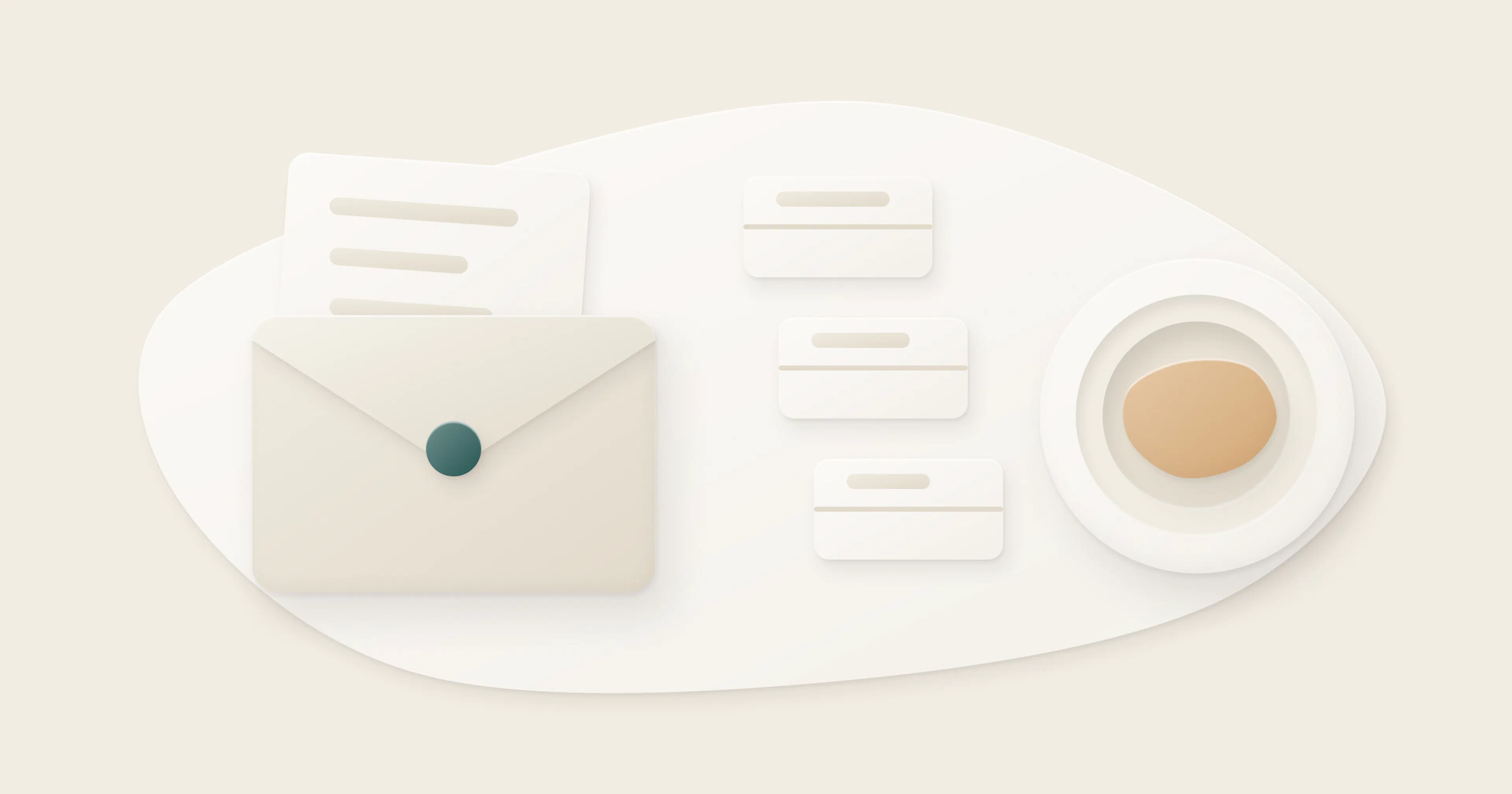 An envelope with an invitation, three place cards and a plate with a portion.