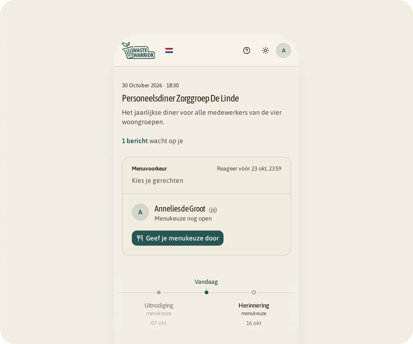 De persoonlijke pagina van een gast op een telefoon, met de menukeuze die nog openstaat en de knop Geef je menukeuze door.