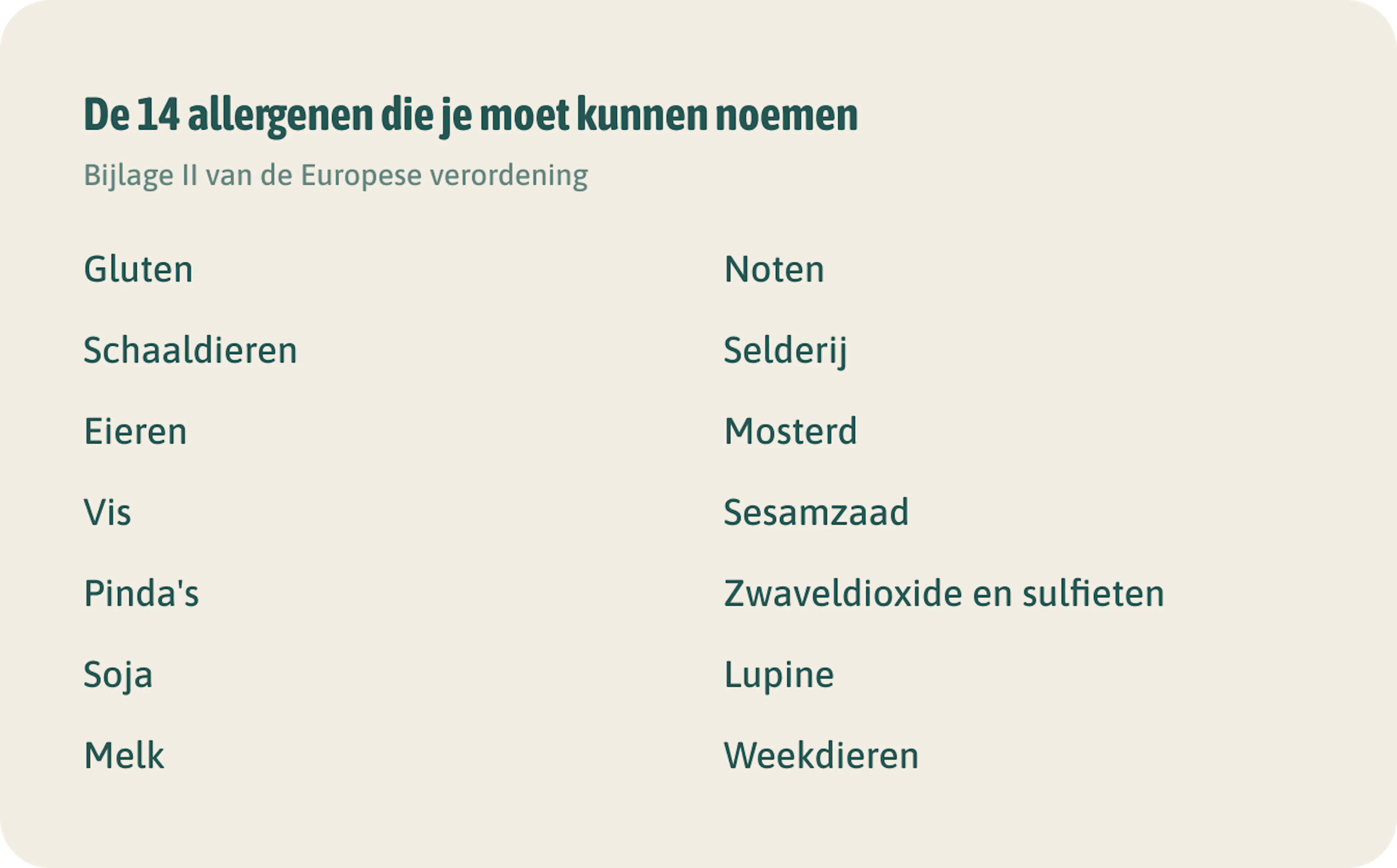 De 14 allergenen die je moet kunnen noemen. Bij onverpakt eten moet je kunnen vertellen welke hiervan erin zitten, ook in een restaurant en bij catering.