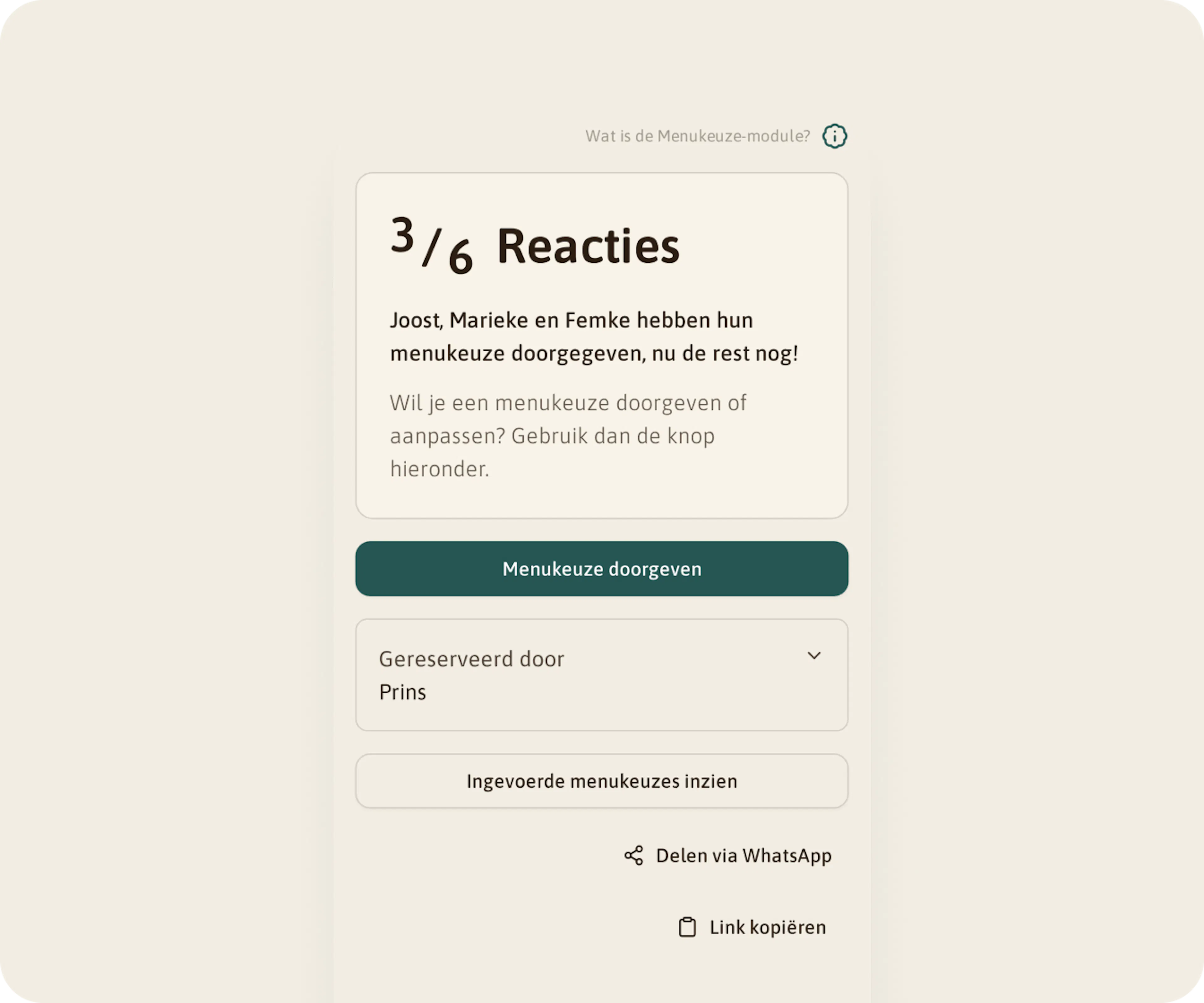 De menukeuzepagina op een telefoon: 3 van 6 reacties, de knop Menukeuze doorgeven en de knoppen Delen via WhatsApp en Link kopiëren.