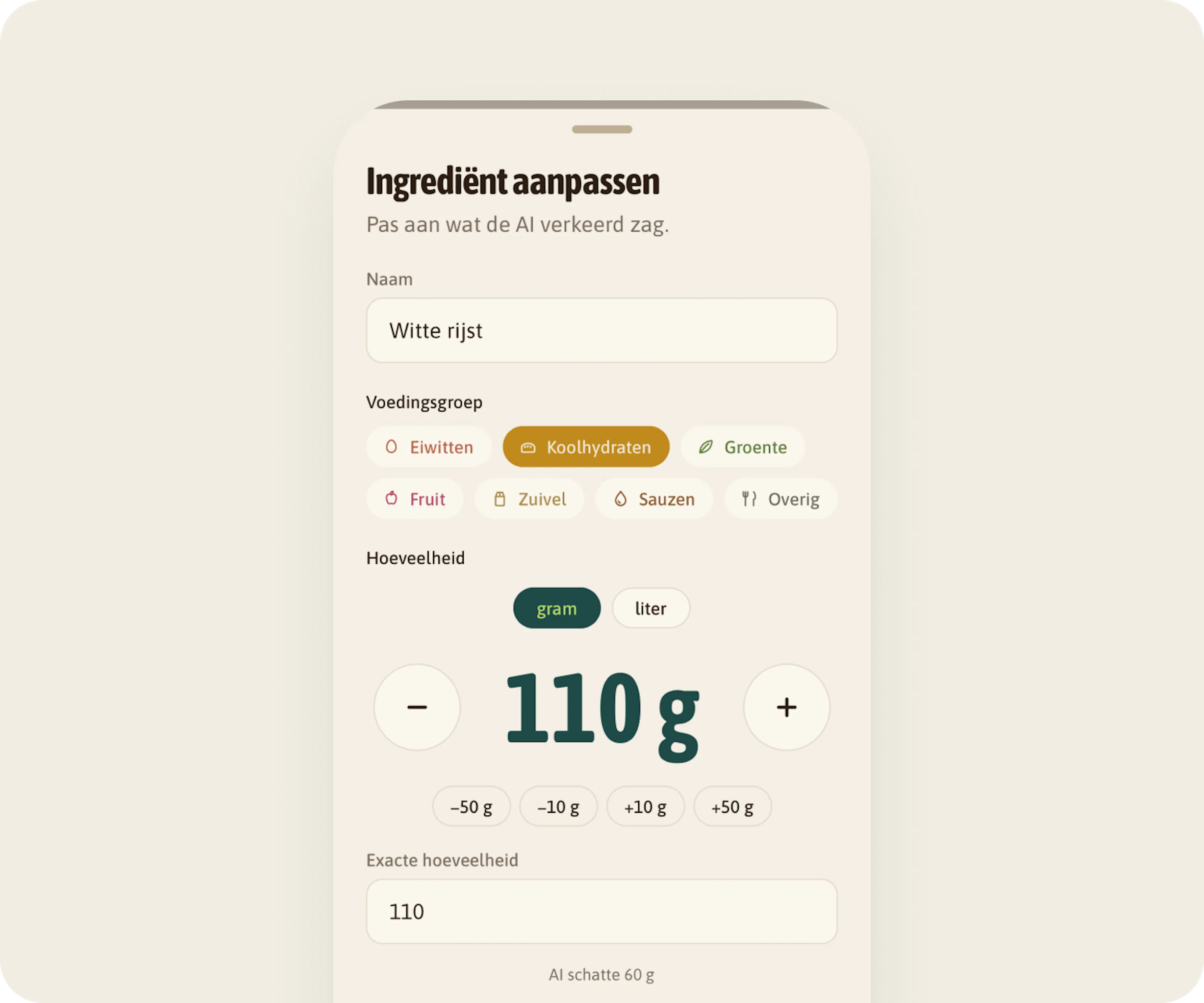 Ingrediënt aanpassen: Witte rijst, voedingsgroep Koolhydraten, 110 gram, terwijl de AI 60 gram schatte.