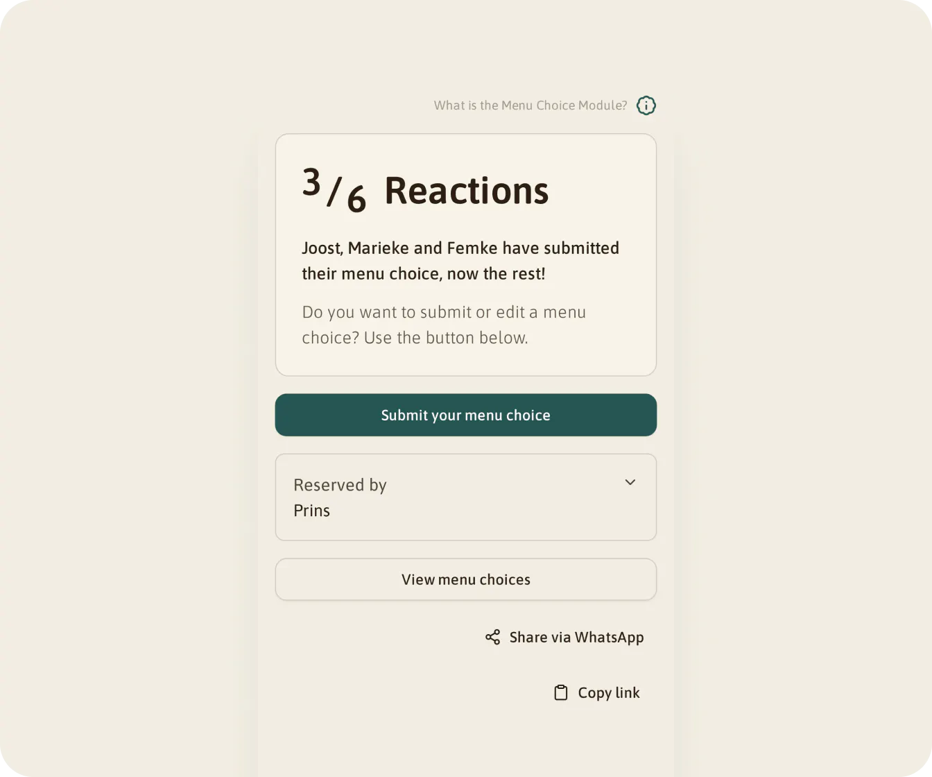 The menu choice page on a phone: 3 of 6 responses, the button to submit a choice and the Share via WhatsApp and Copy link buttons.