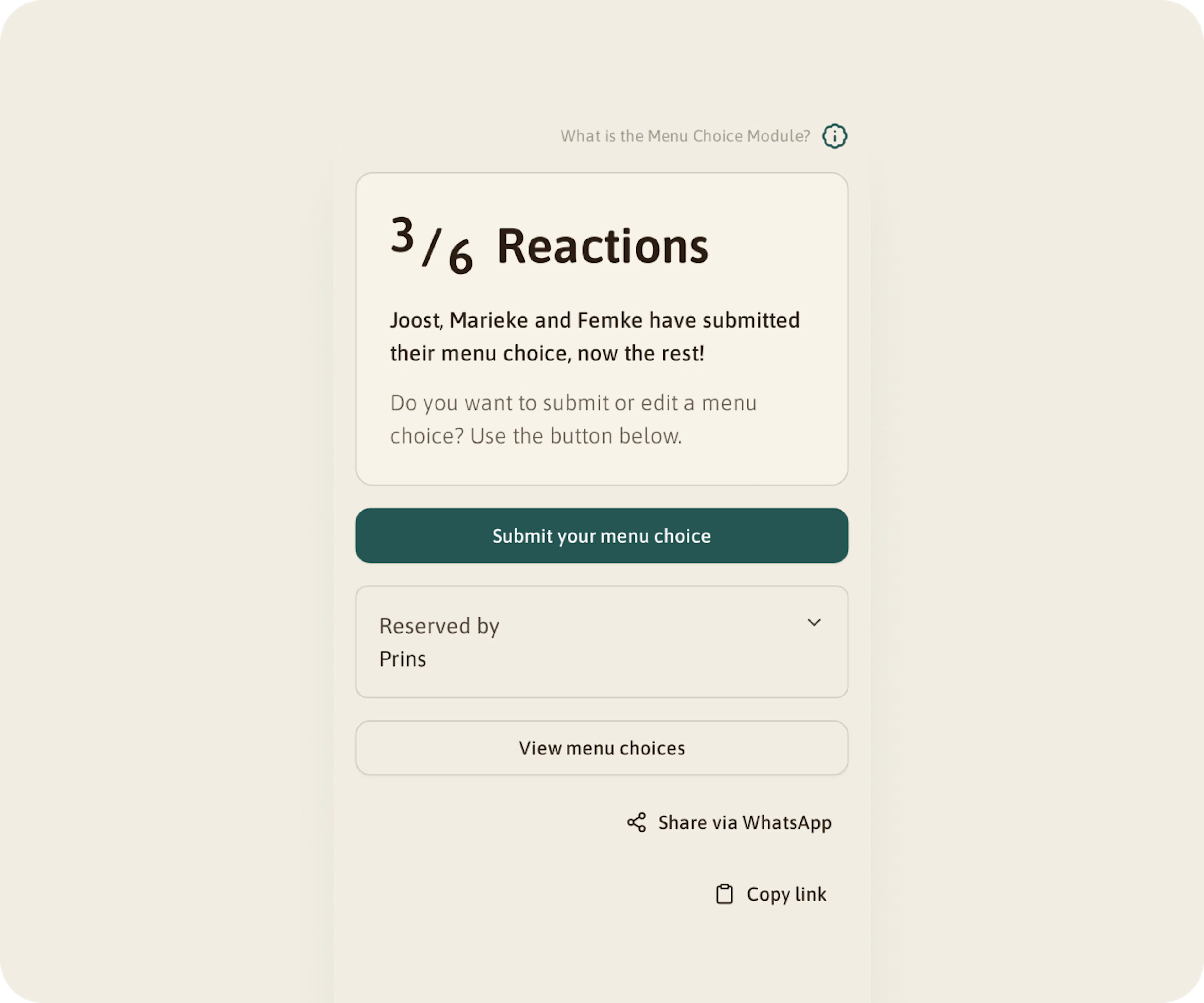 The menu choice page on a phone: 3 of 6 responses, the button to submit a choice and the Share via WhatsApp and Copy link buttons.