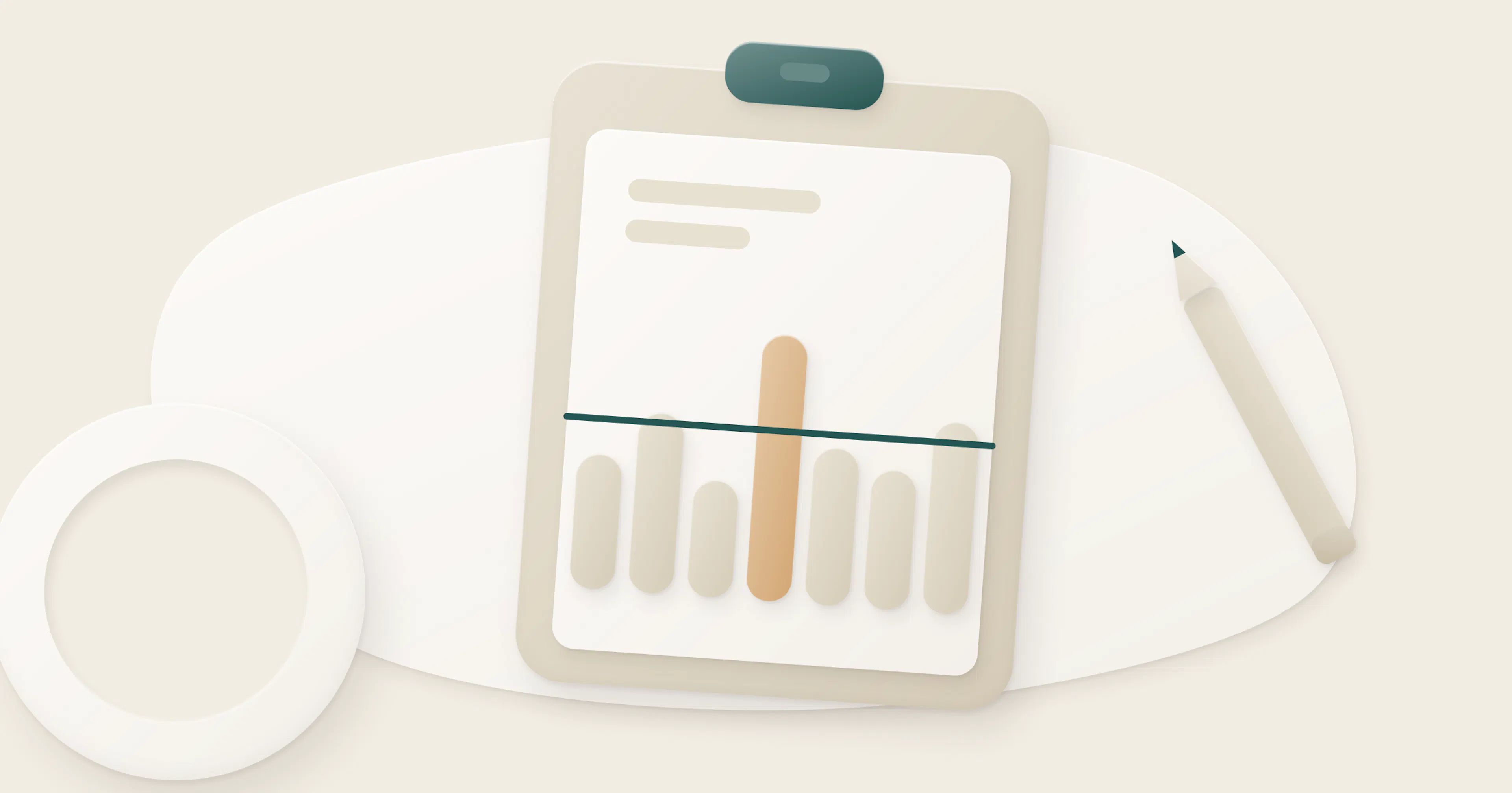 Illustration of a clipboard with a week of bars and a zero line, next to a plate and a pencil.