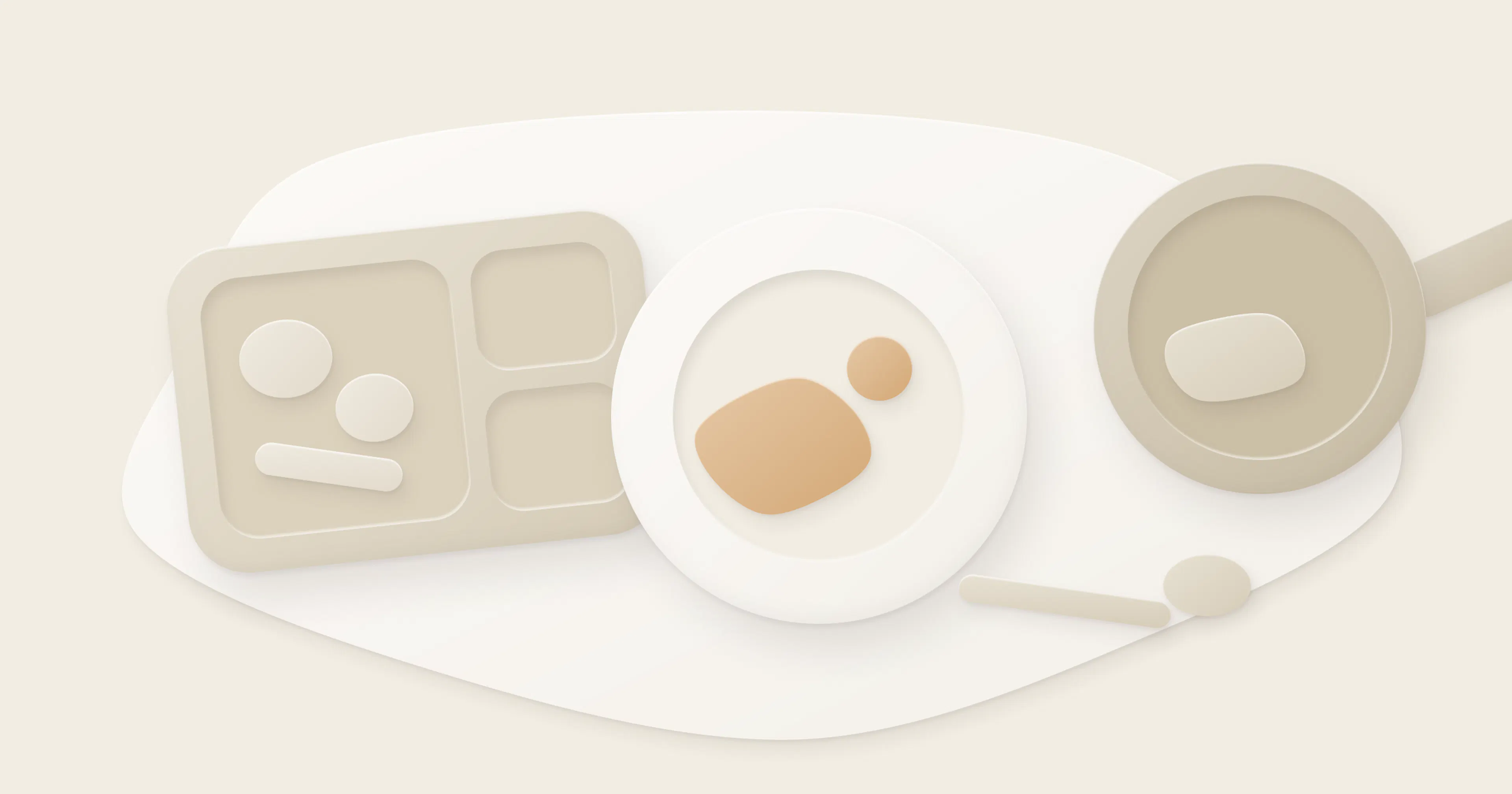 Illustration of a meal tray, a plate with leftovers and a pan, seen from above.