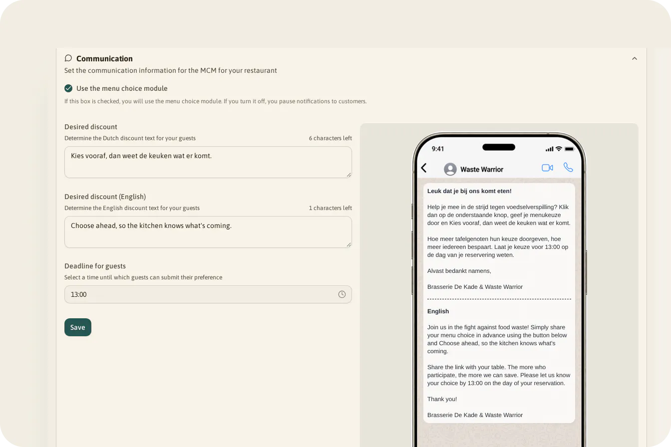 Communication settings with the menu choice module switch, the discount text, the 13:00 deadline and a phone showing the sample message.