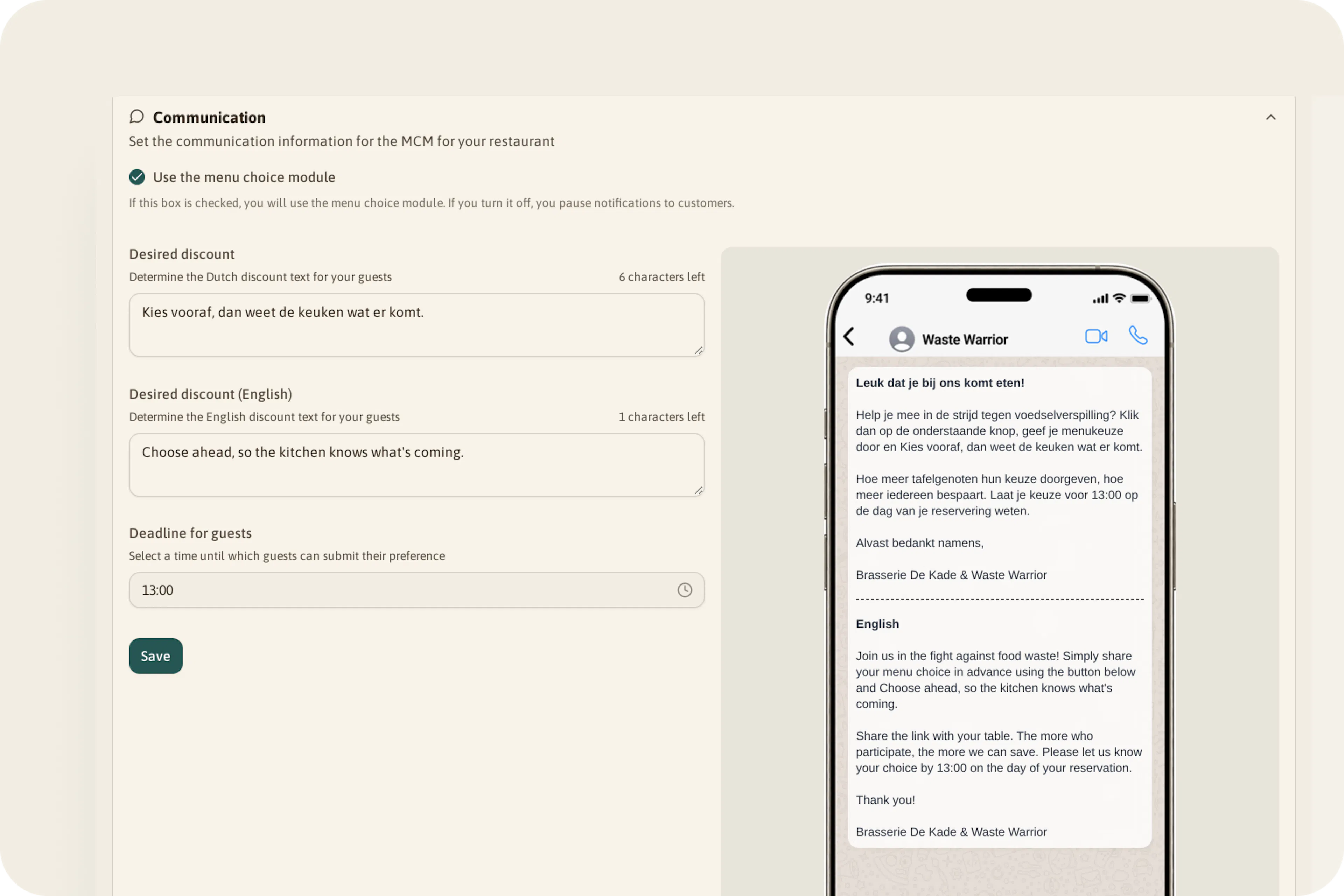 Communication settings with the menu choice module switch, the discount text, the 13:00 deadline and a phone showing the sample message.
