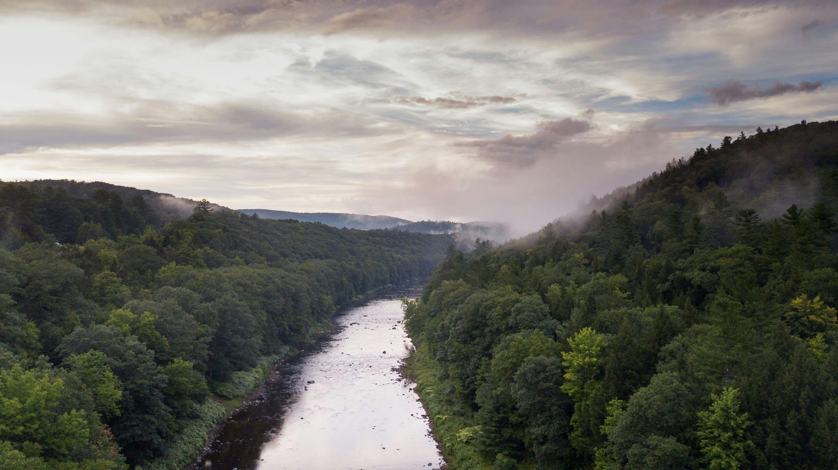 Aerial view of a river cutting through a forested mountain valley