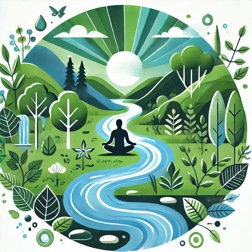 AI illustration of a person in silhouette, sitting at a meandering river bank and surrounded by nature