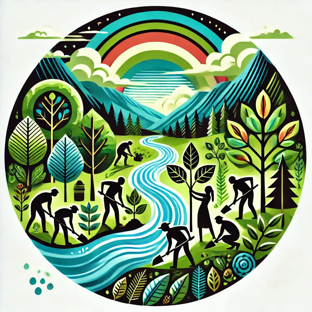 AI illustration of people in silhouette working together on a landscape with a rainbow in the background