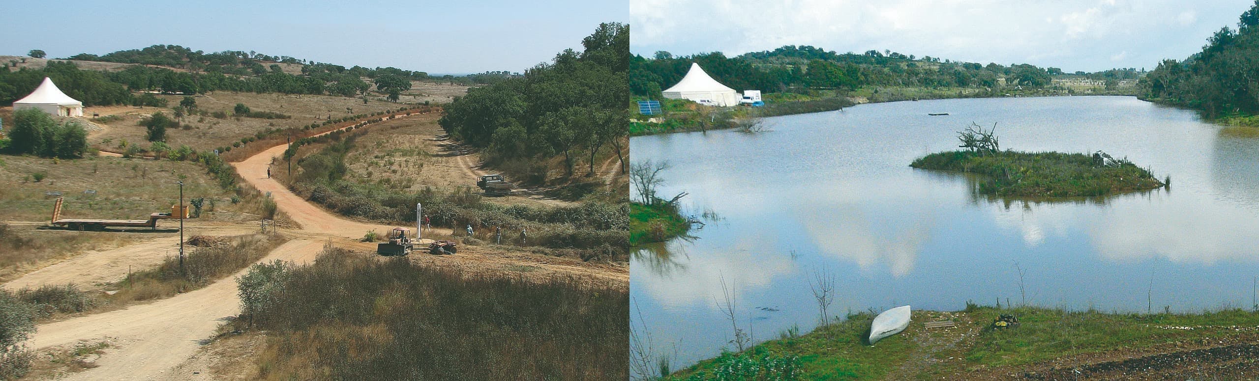 Side by side images of before and after the large pond installation at Tamera in Portugal