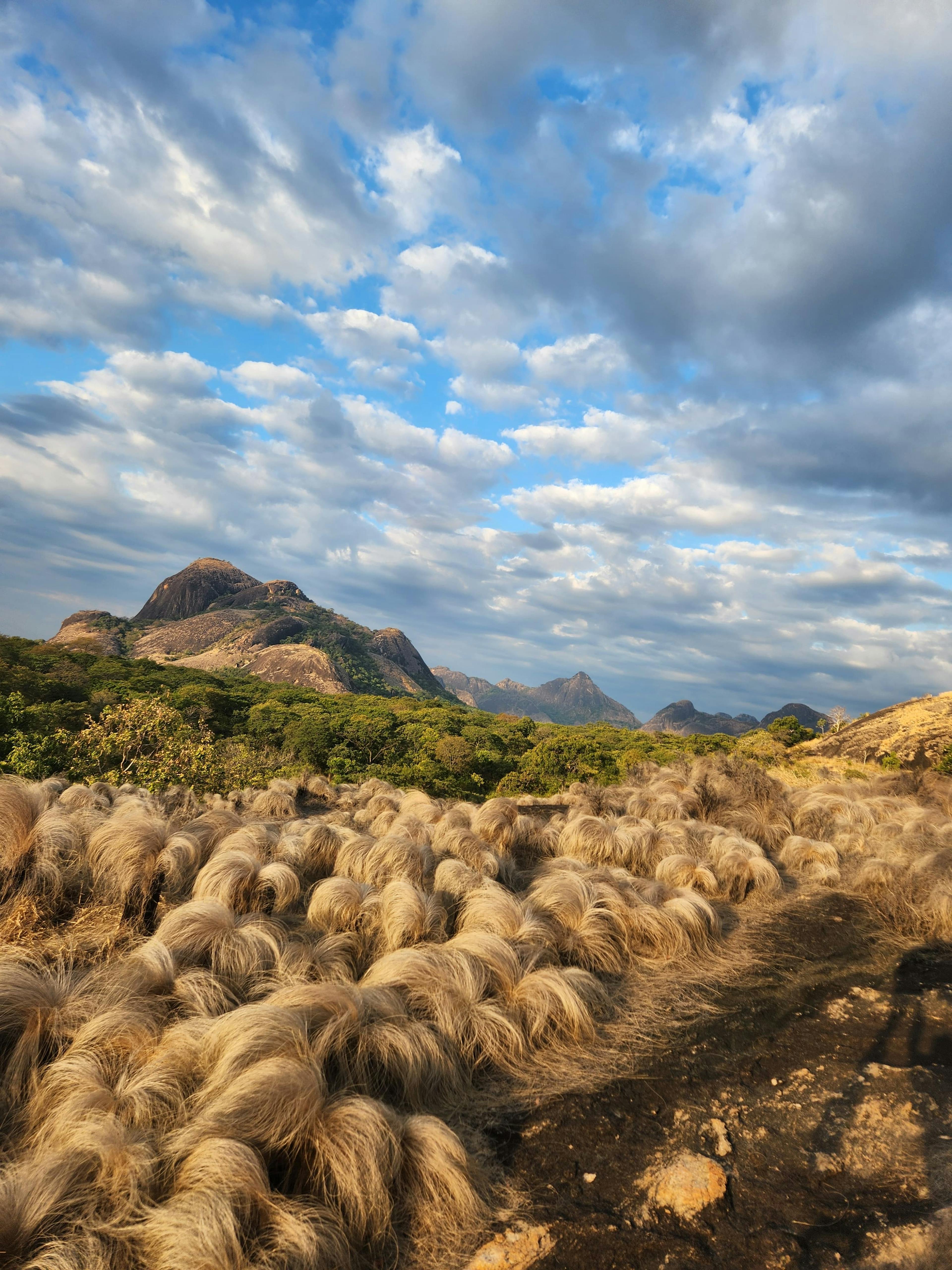 Mozambique landscape on blue sky cloudy day with rock formations in background