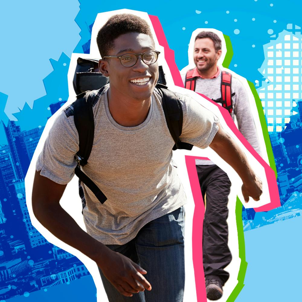 two men walking with a graphical cityscape in the background.