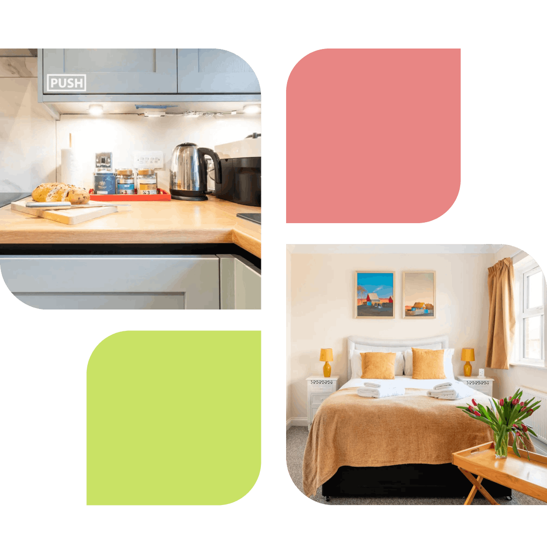 In the image - two photo - first - bright kitchen, the second photo shows a bright bedroom in orange with a wide bed and a coffee table with flowers on it