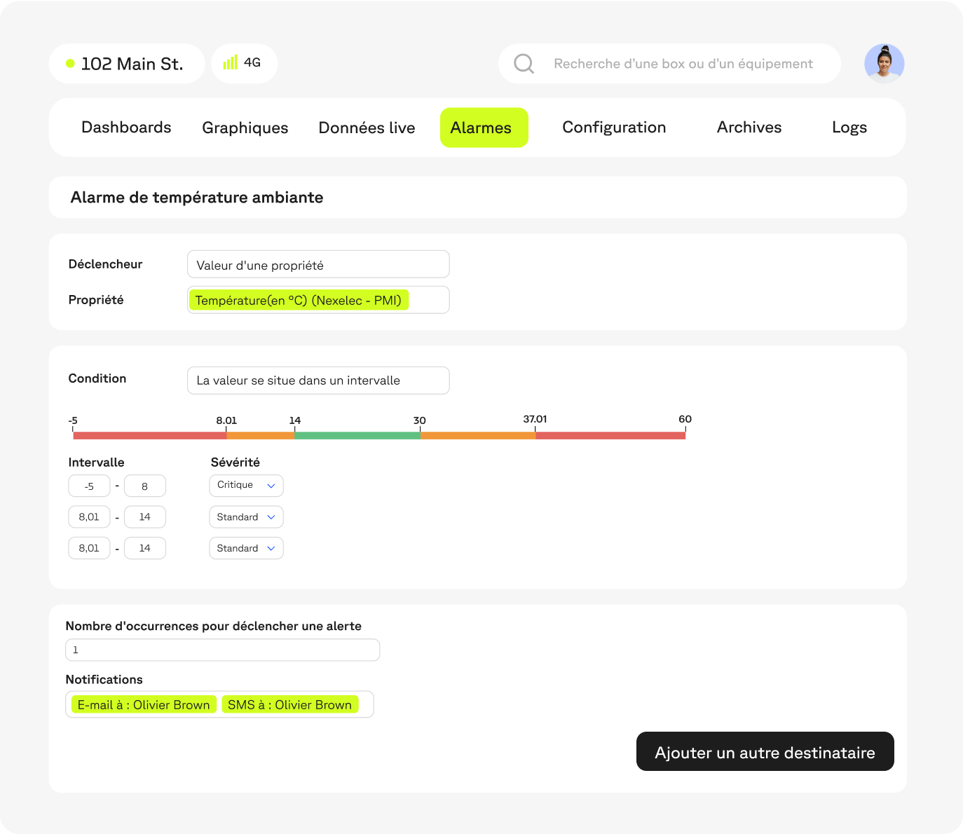 Aperçu de la fonctionnalité Alarmes de la console utilisateur de la solution Wattsense