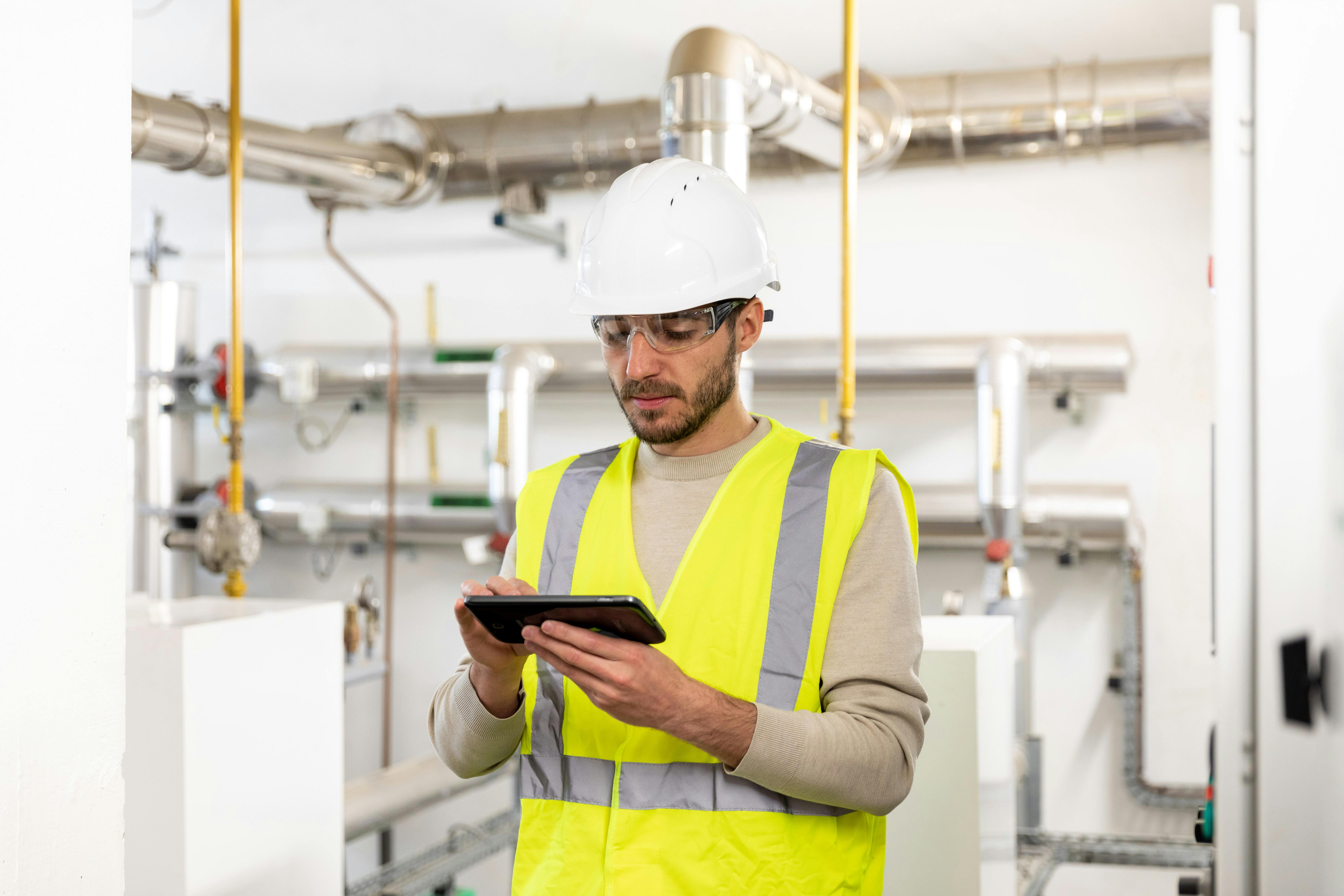 Technician using a tablet to control Building Management System (BMS) via a mobile application.