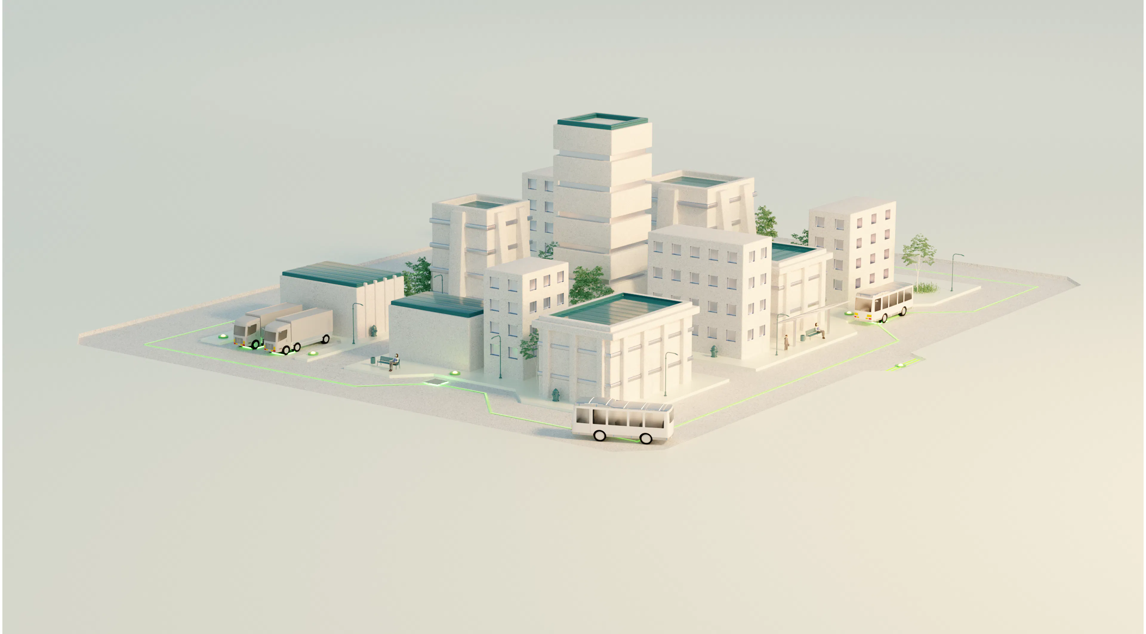 Rendering of a city with autonomous vehicles charging wirelessly