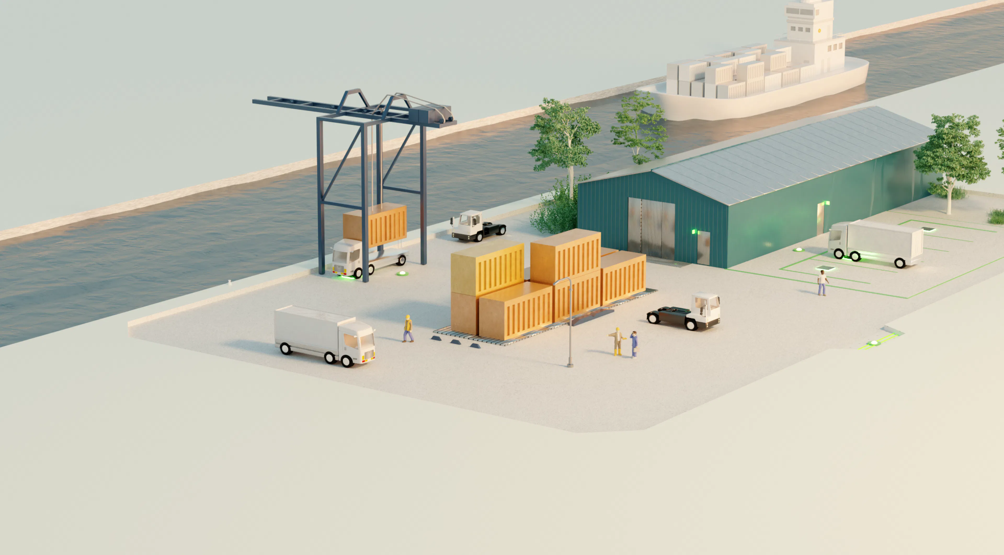 Rendering of a port with yard tractors and a gantry crane using wireless charging