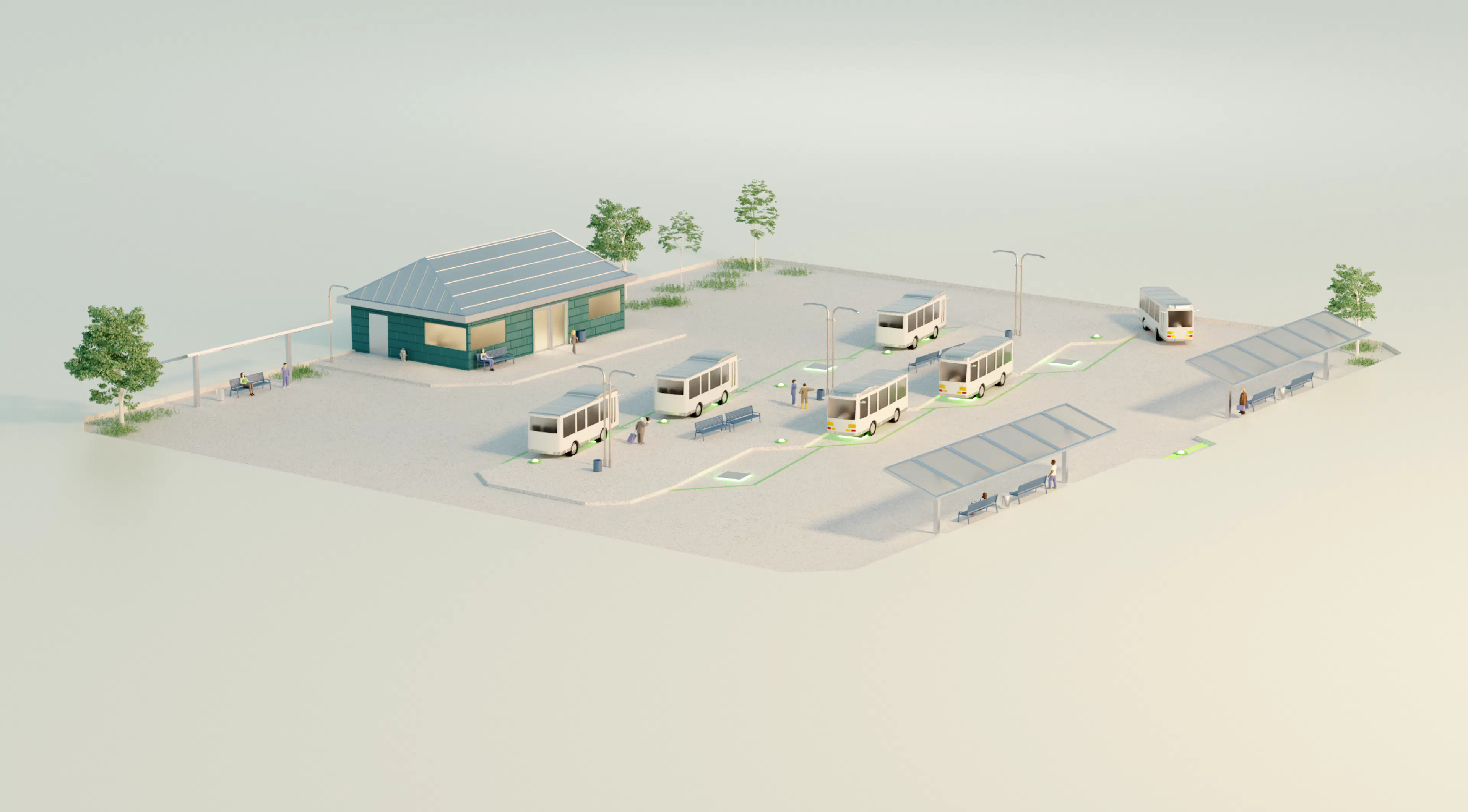 A transit center with electric buses charging wirelessly