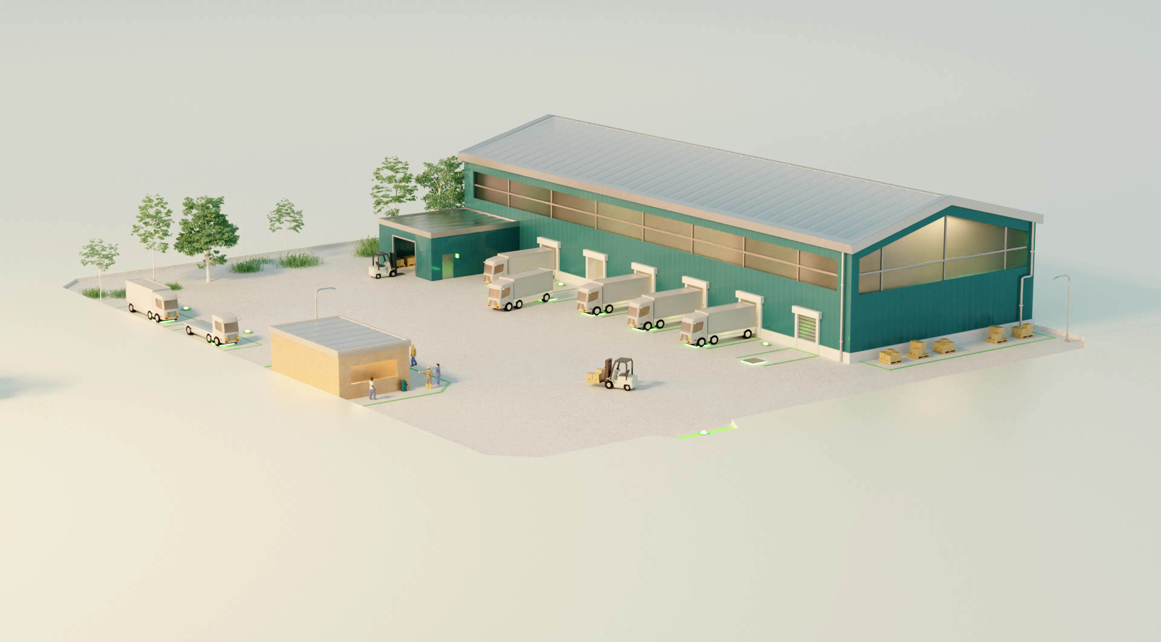 Rendering of a warehouse with trucks charging wirelessly Rendering of a warehouse with trucks charging wirelessly