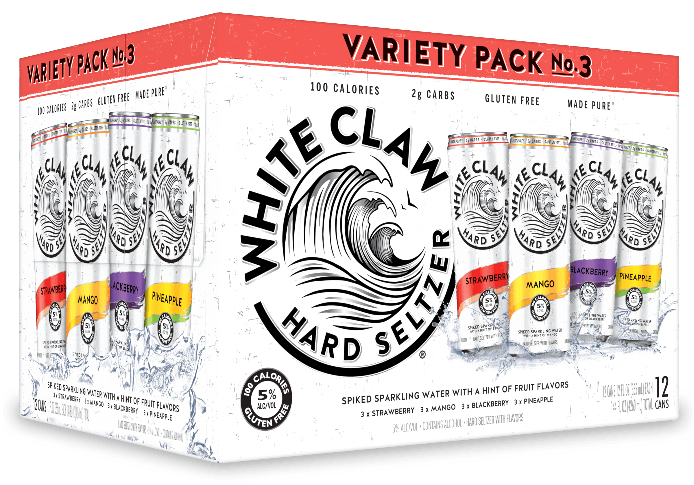 La colección variedad de sabores No 3 de White Claw® Hard Seltzer descansa sobre unas rocas frente al mar.