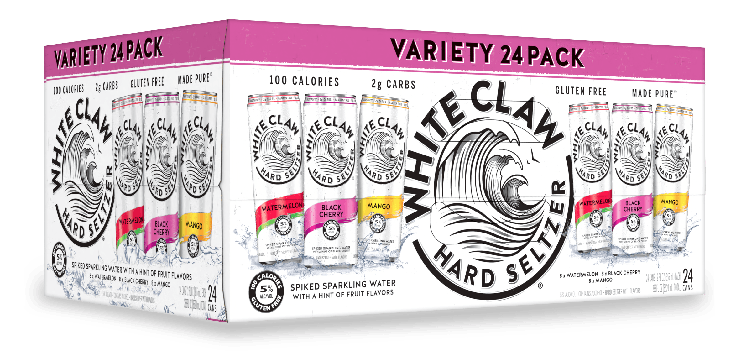 A Variety 24 Pack of White Claw® Hard Seltzer sits on rocks in front of the sea.