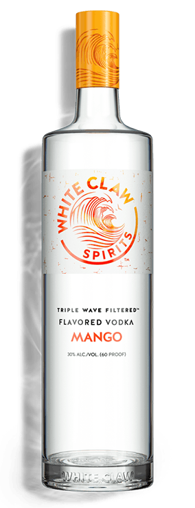 WHITE CLAW™ Flavored Vodka Mango with a wave motif to the right of the bottle 