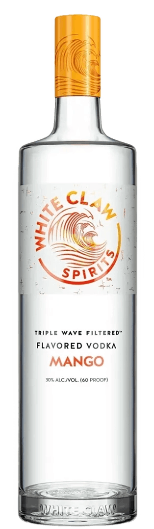 WHITE CLAW™ Flavored Vodka Mango with a wave motif to the right of the bottle